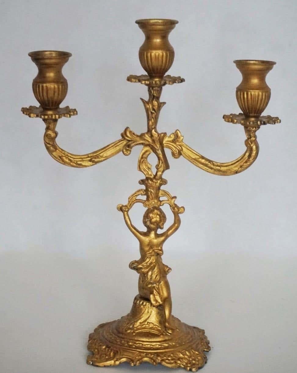 19th Century Pair of Empire Style Gilt Bronze Figural Three-Light Candleholders For Sale 1