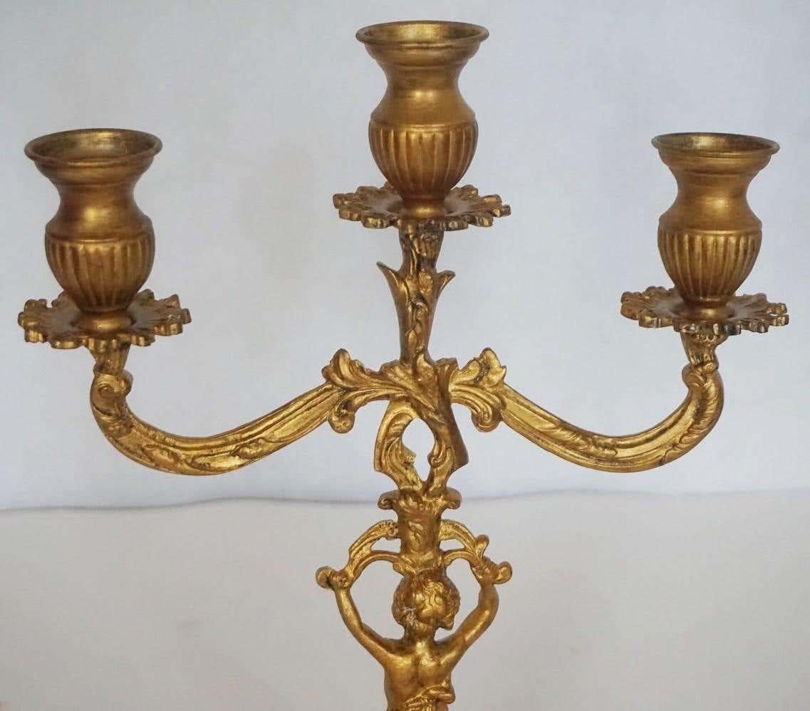 19th Century Pair of Empire Style Gilt Bronze Figural Three-Light Candleholders For Sale 4