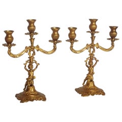 19th Century Pair of Empire Style Gilt Bronze Figural Three-Light Candleholders