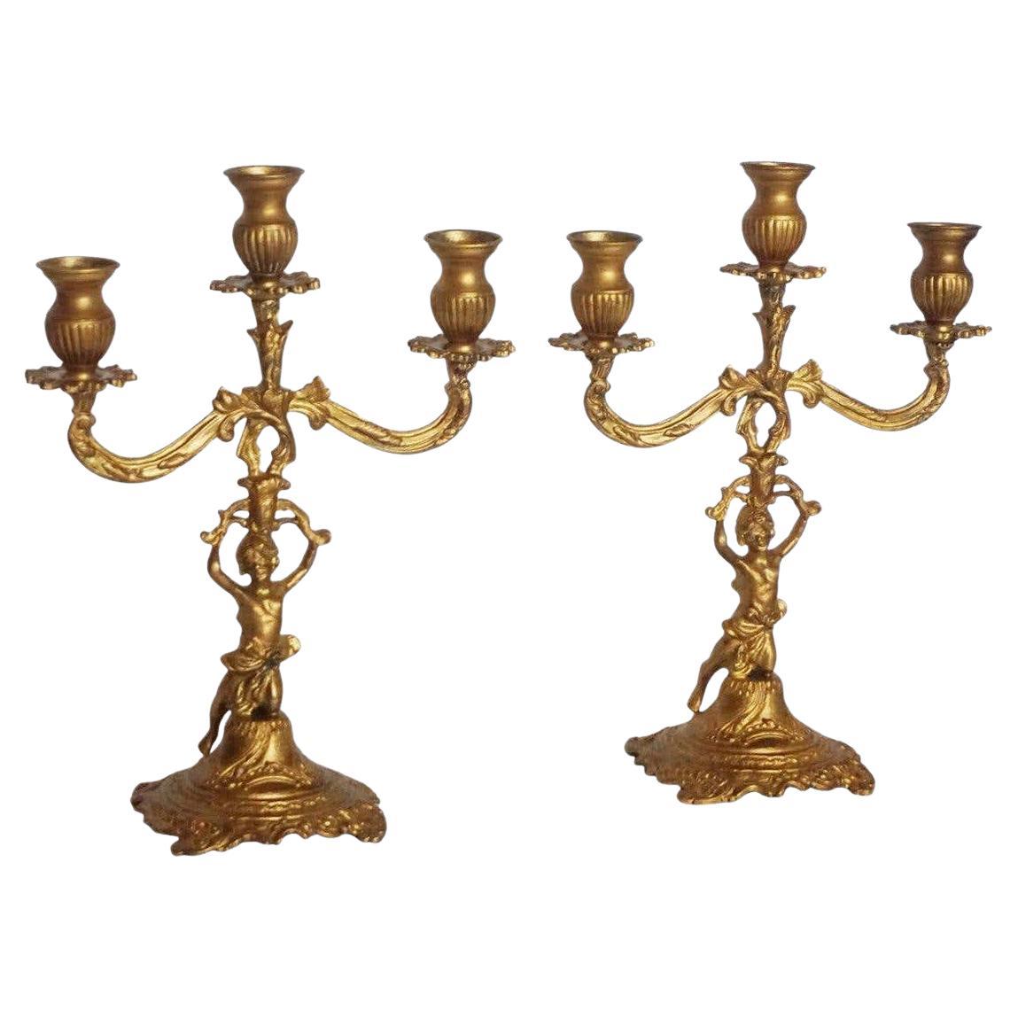 19th Century Pair of Empire Style Gilt Bronze Figural Three-Light Candleholders For Sale