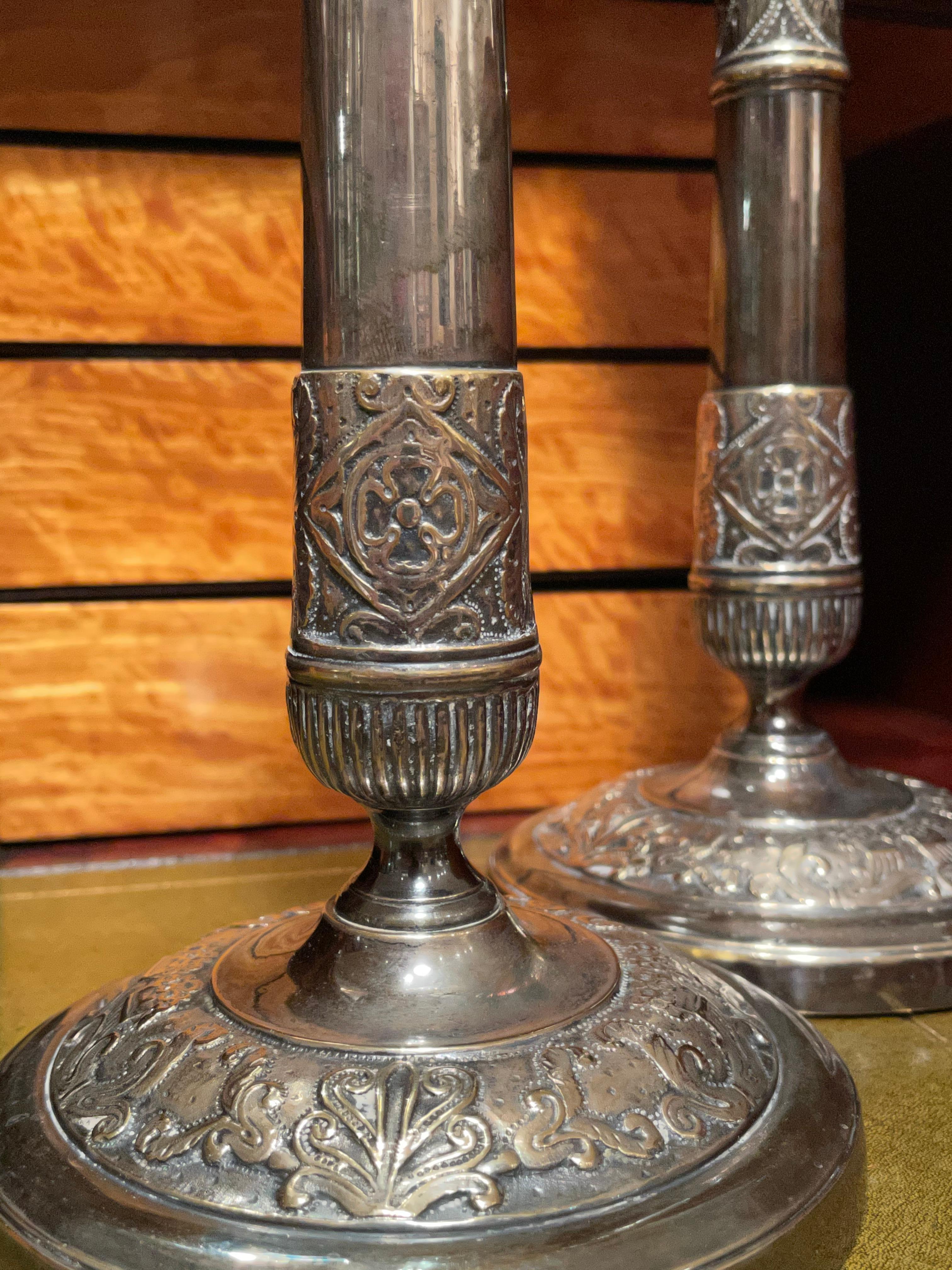 19th Century Pair of Empire Style Silvered Bronze Candlesticks  In Good Condition In Palm Beach, FL