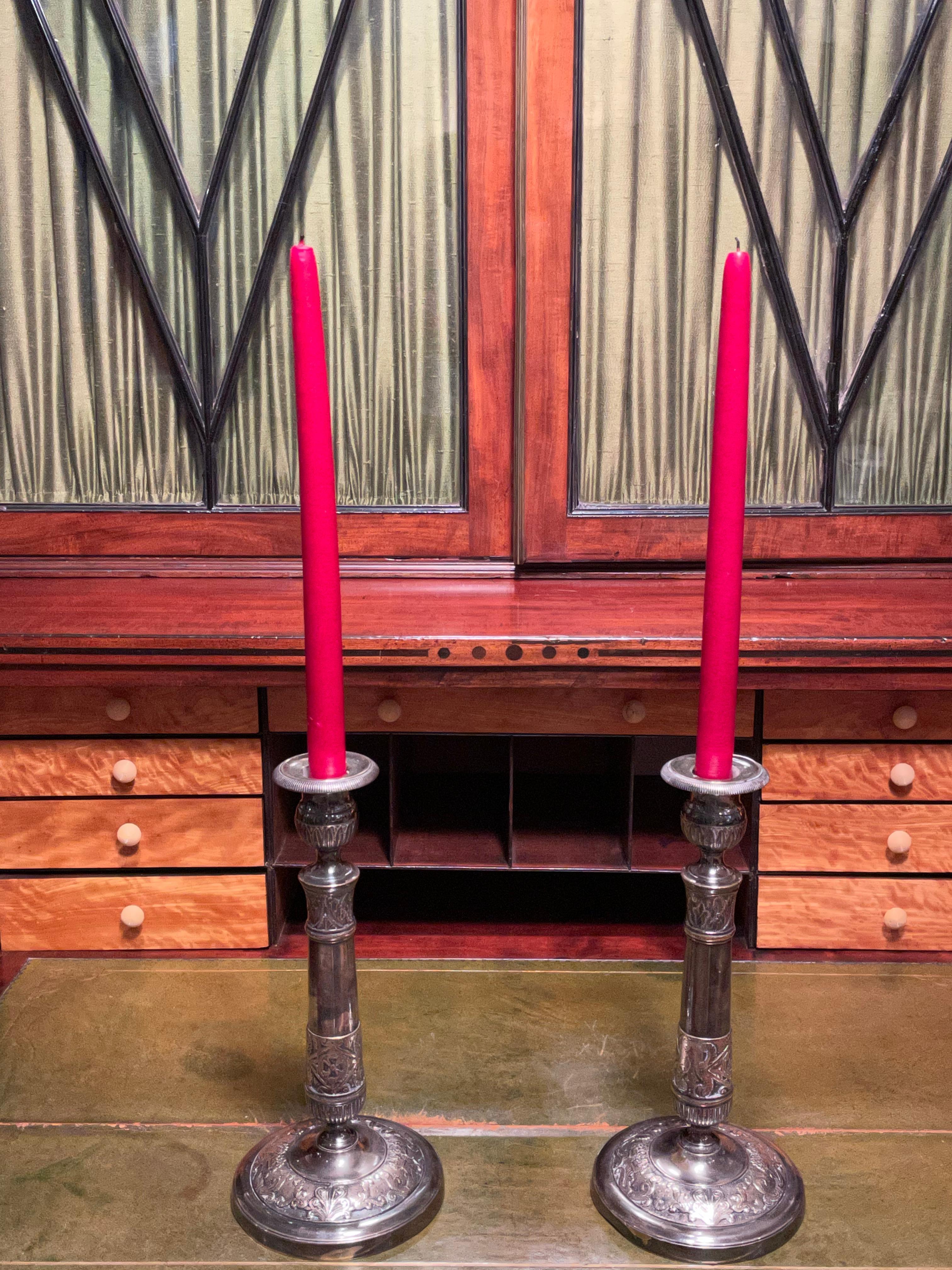 19th Century Pair of Empire Style Silvered Bronze Candlesticks  1