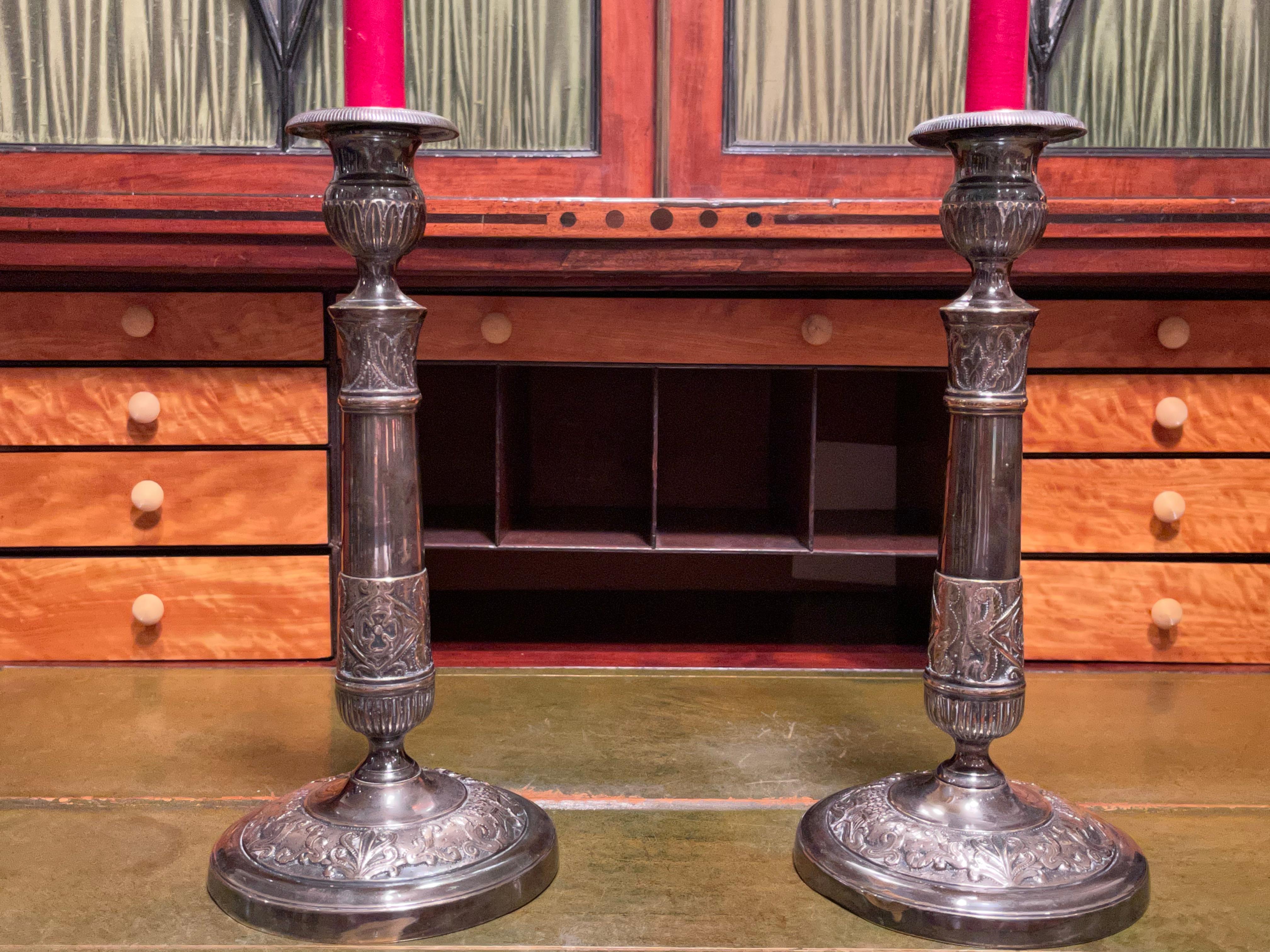 19th Century Pair of Empire Style Silvered Bronze Candlesticks  2