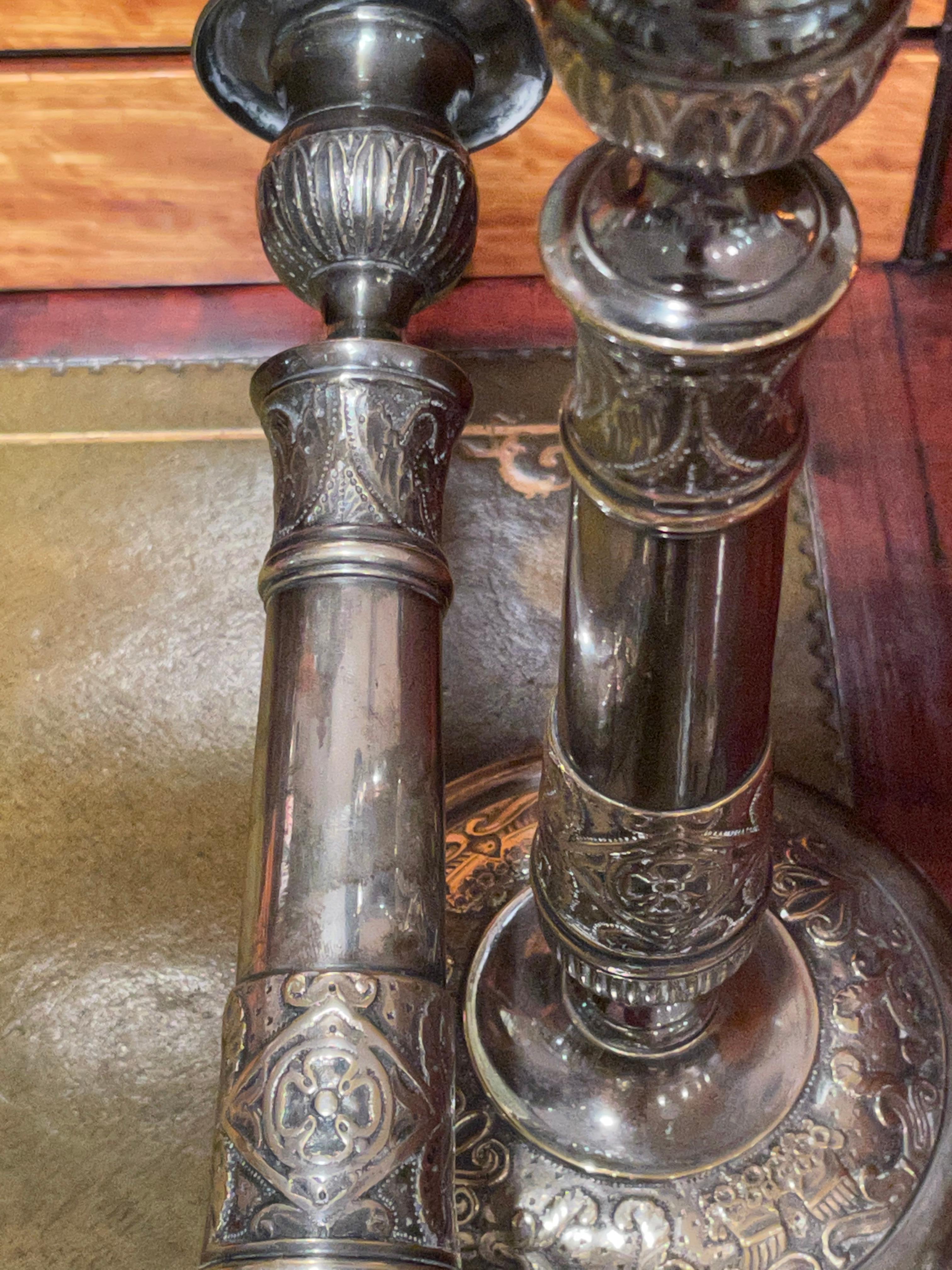 19th Century Pair of Empire Style Silvered Bronze Candlesticks  3