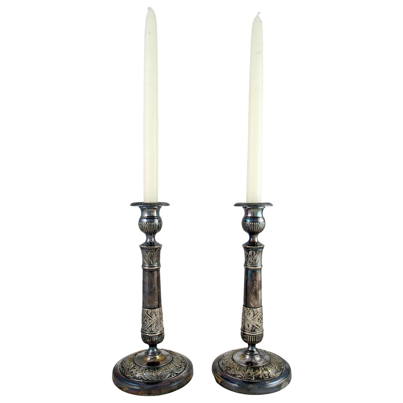 19th Century Pair of Empire Style Silvered Bronze Candlesticks 