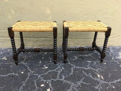 19th Century Pair of English Blackened Turned Stools with Woven Caned Top