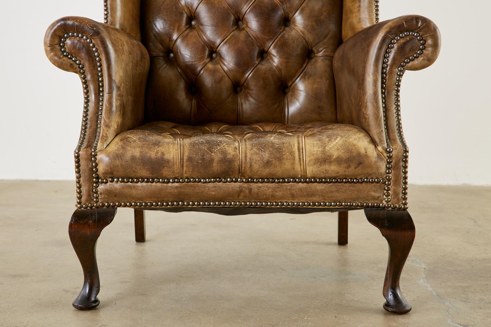 19th Century Pair of English Cigar Leather Wingback Library Chairs 4