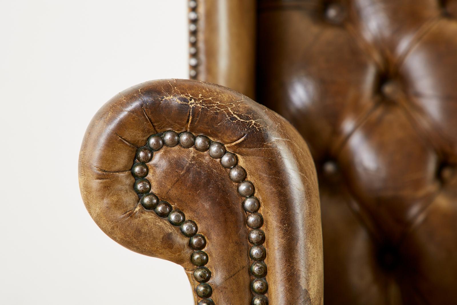 19th Century Pair of English Cigar Leather Wingback Library Chairs 5