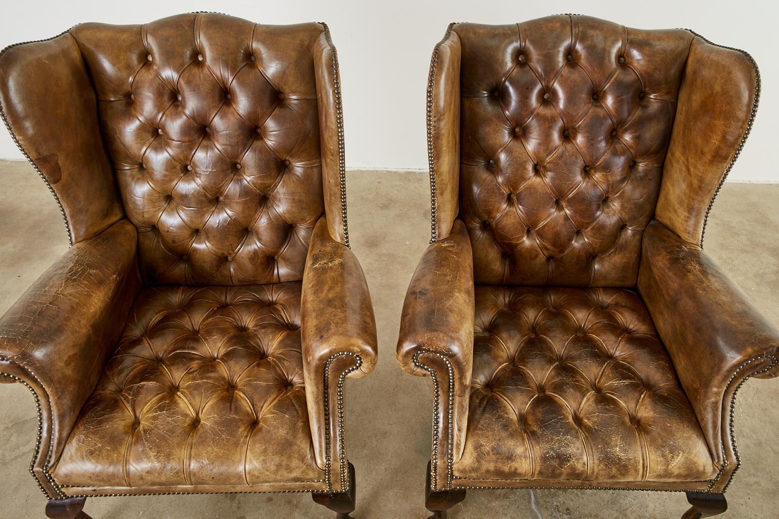 Victorian 19th Century Pair of English Cigar Leather Wingback Library Chairs