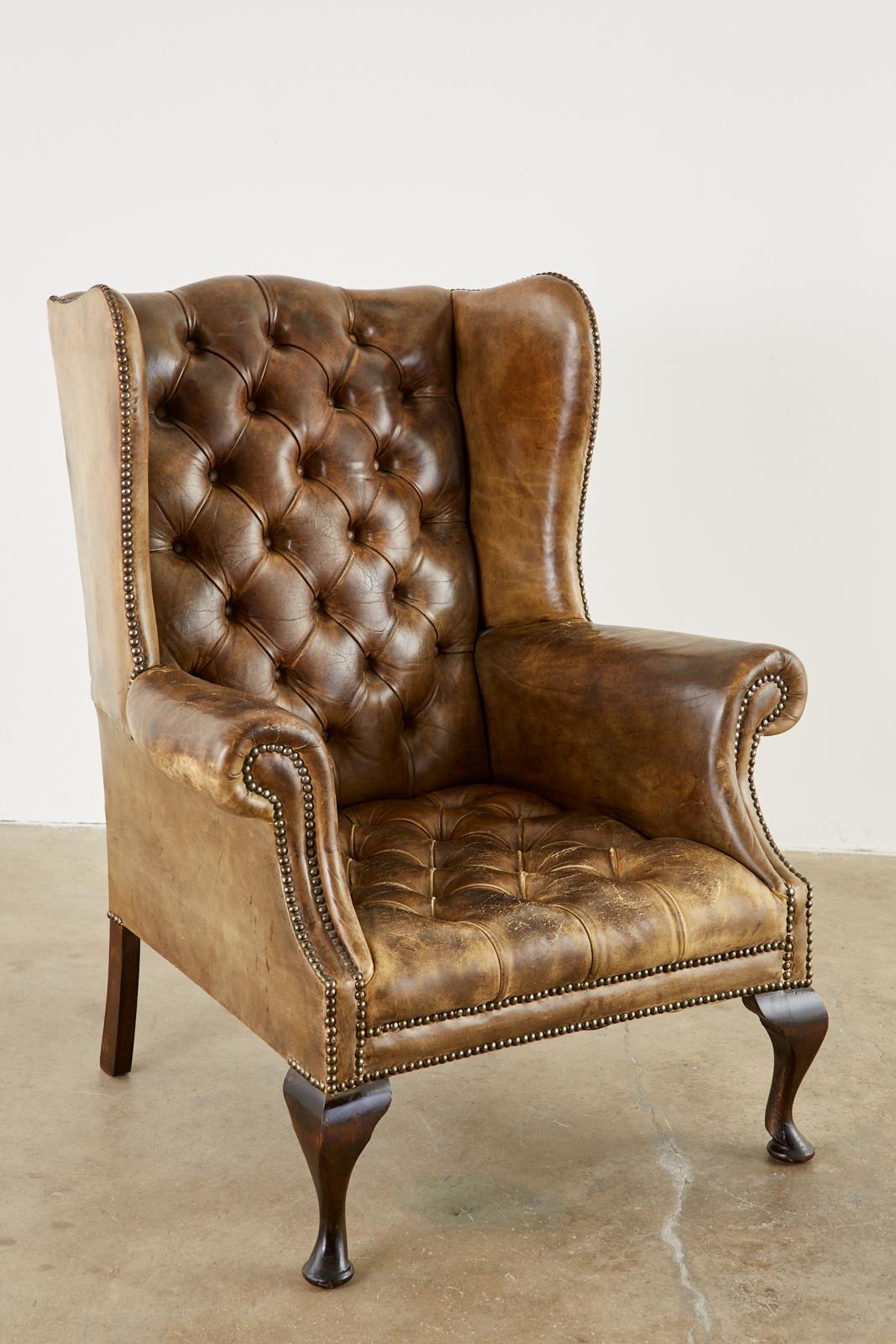 Hand-Crafted 19th Century Pair of English Cigar Leather Wingback Library Chairs