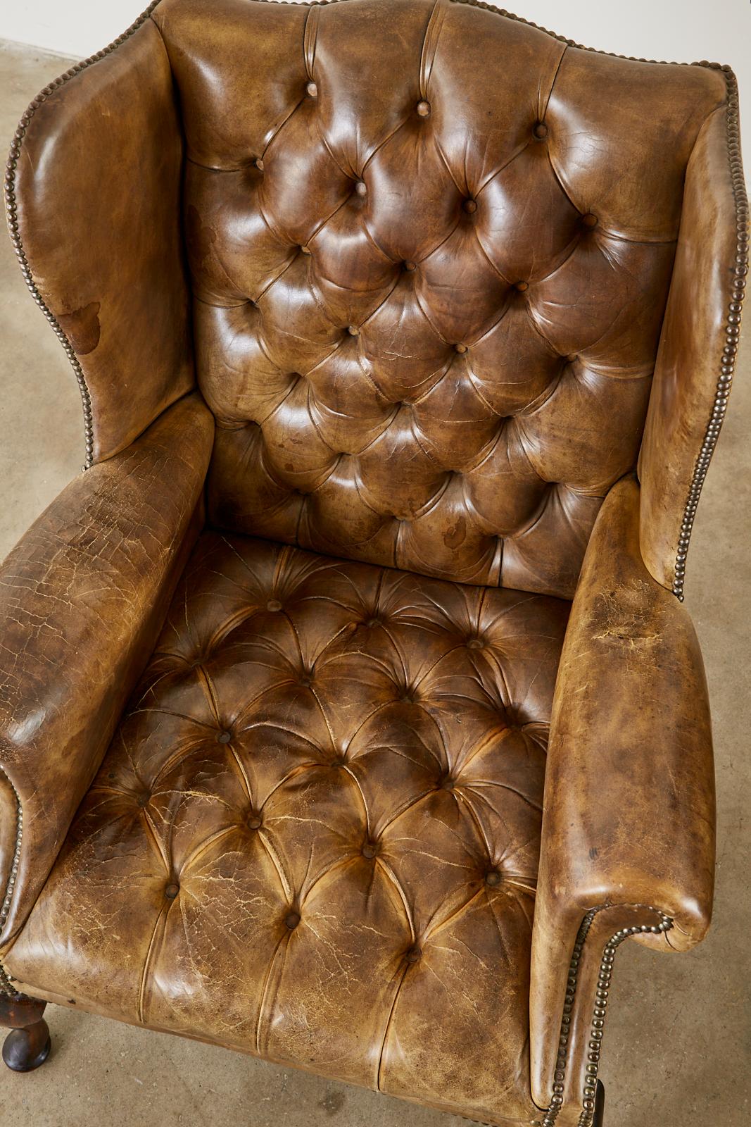 19th Century Pair of English Cigar Leather Wingback Library Chairs In Distressed Condition In Rio Vista, CA