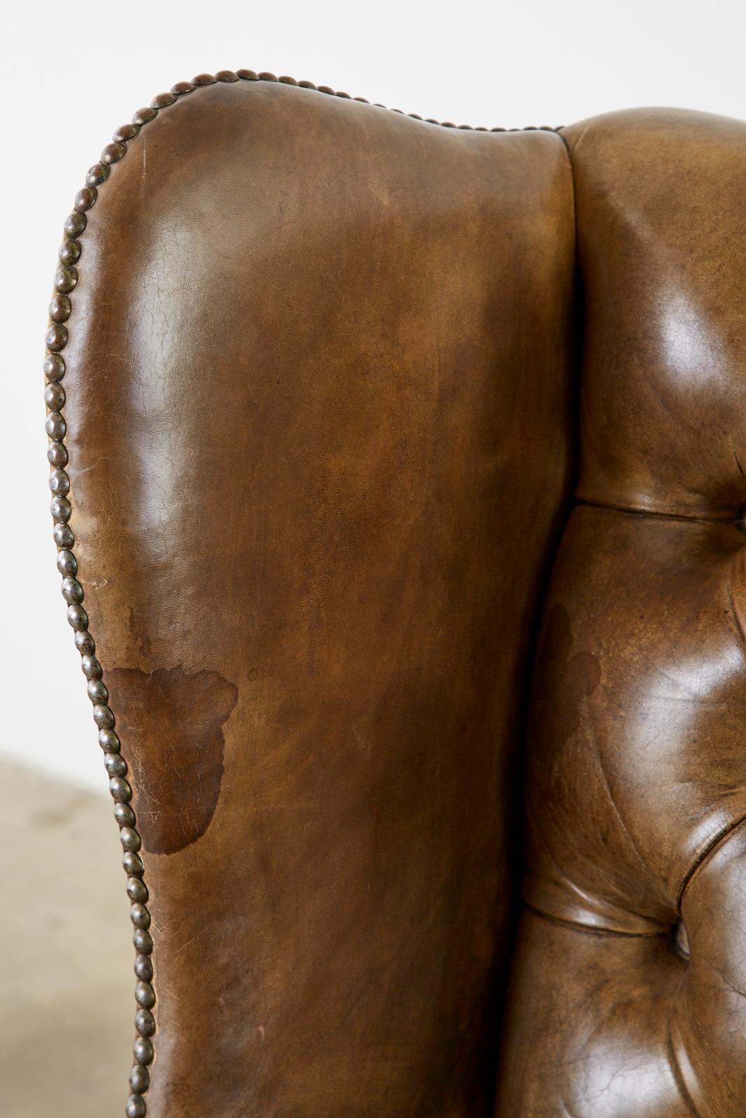 19th Century Pair of English Cigar Leather Wingback Library Chairs 1