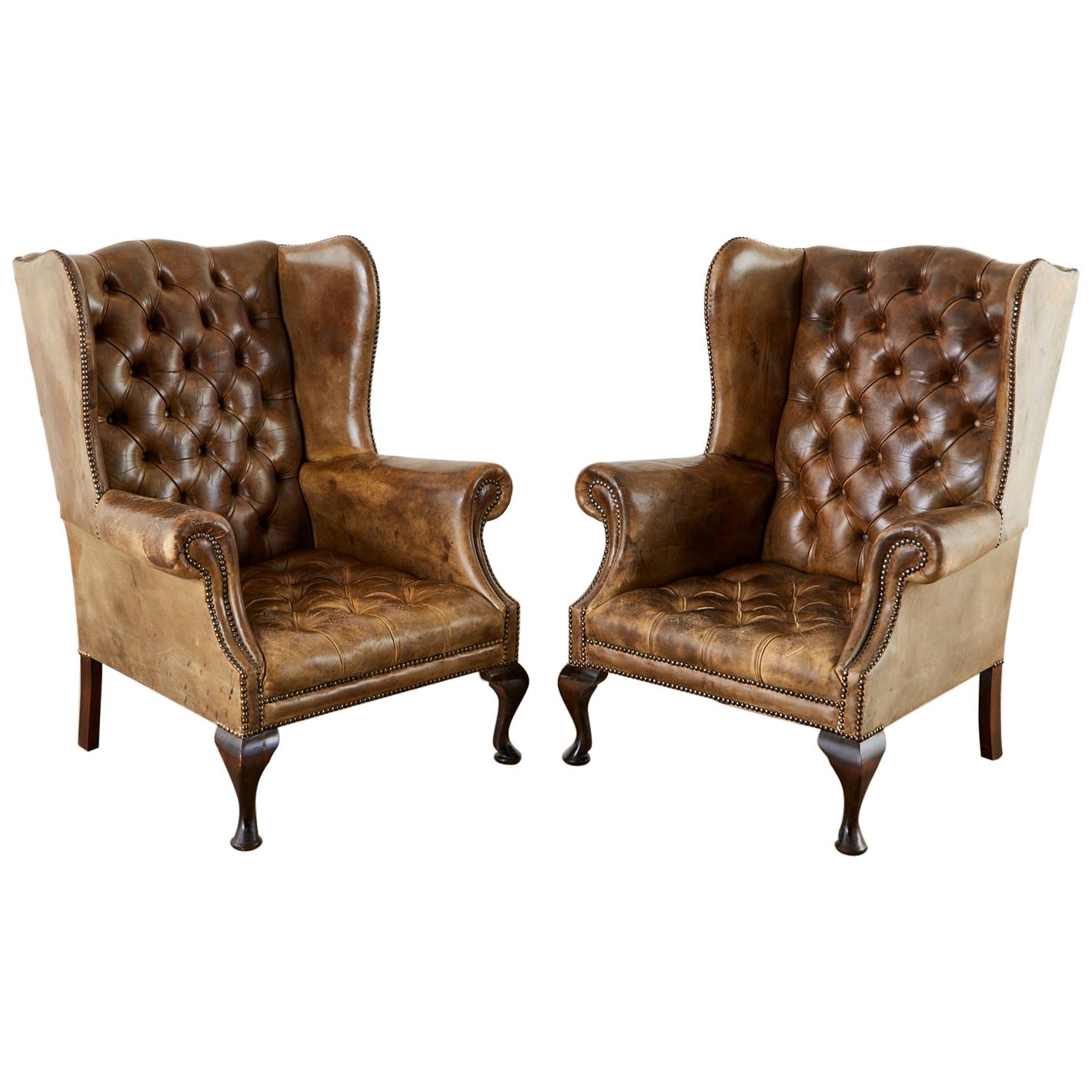 19th Century Pair of English Cigar Leather Wingback Library Chairs