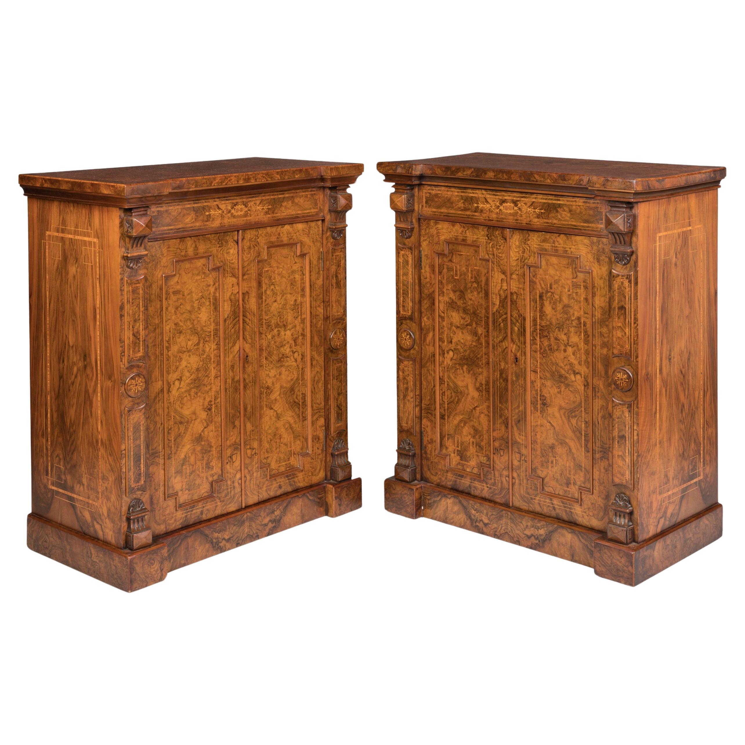 19th Century Pair of English Figured Burr Walnut Side Cabinets For Sale