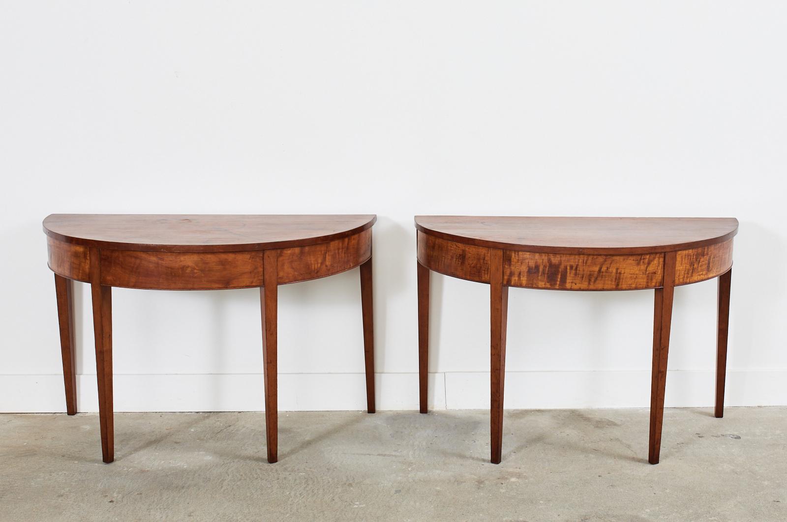 Hand-Crafted 19th Century Pair of English Georgian Mahogany Demilune Console Tables