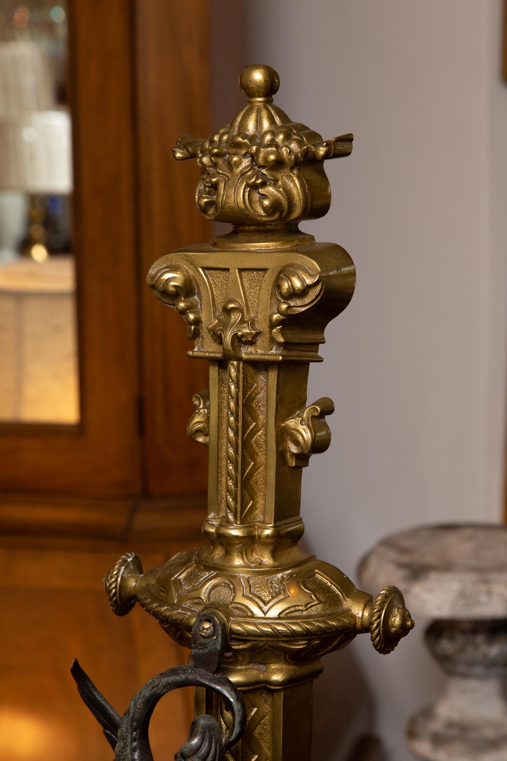 Late 19th Century 19th Century Pair of English Gilt and Patinated Bronze Andirons For Sale