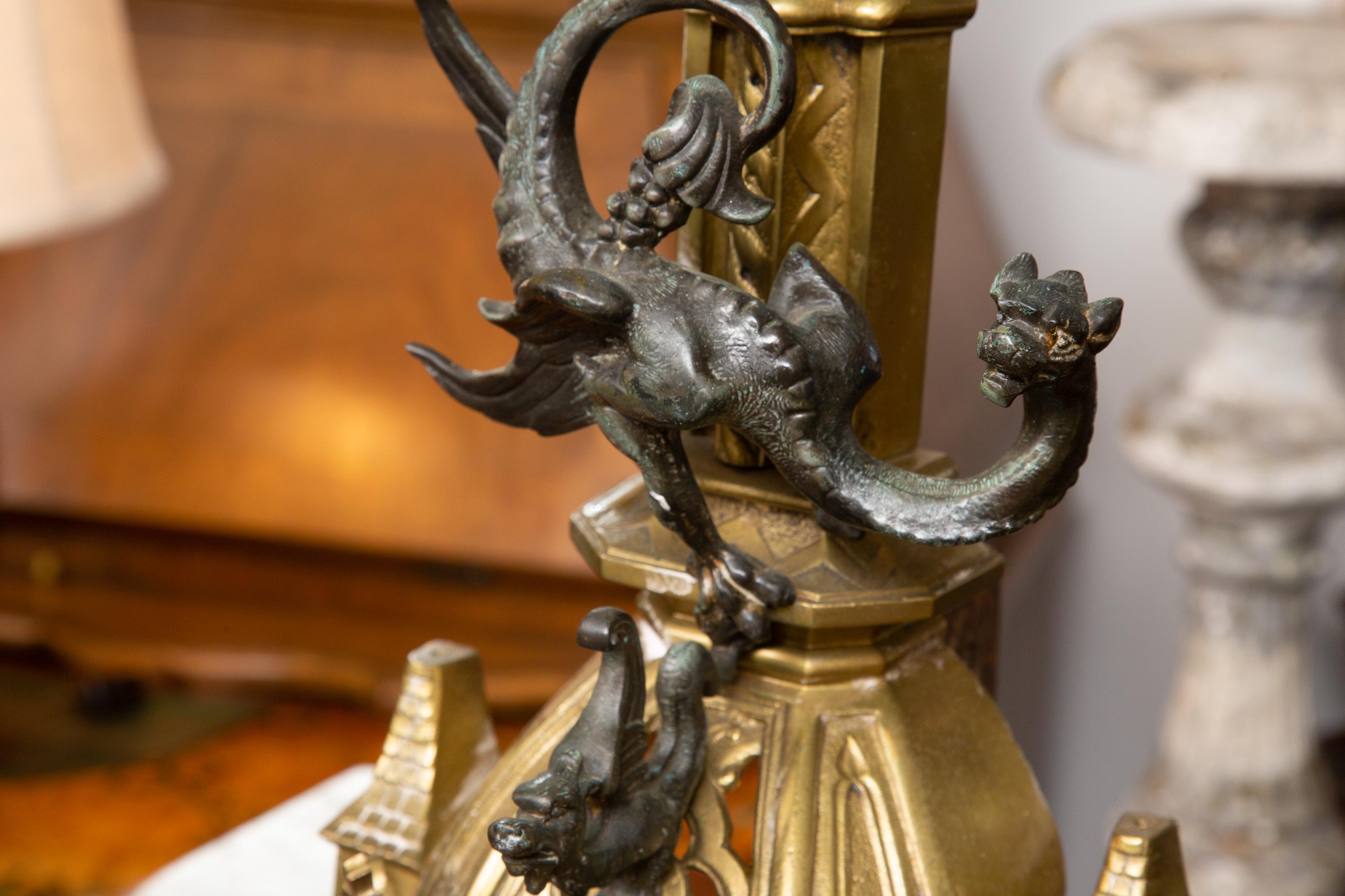 19th Century Pair of English Gilt and Patinated Bronze Andirons For Sale 1