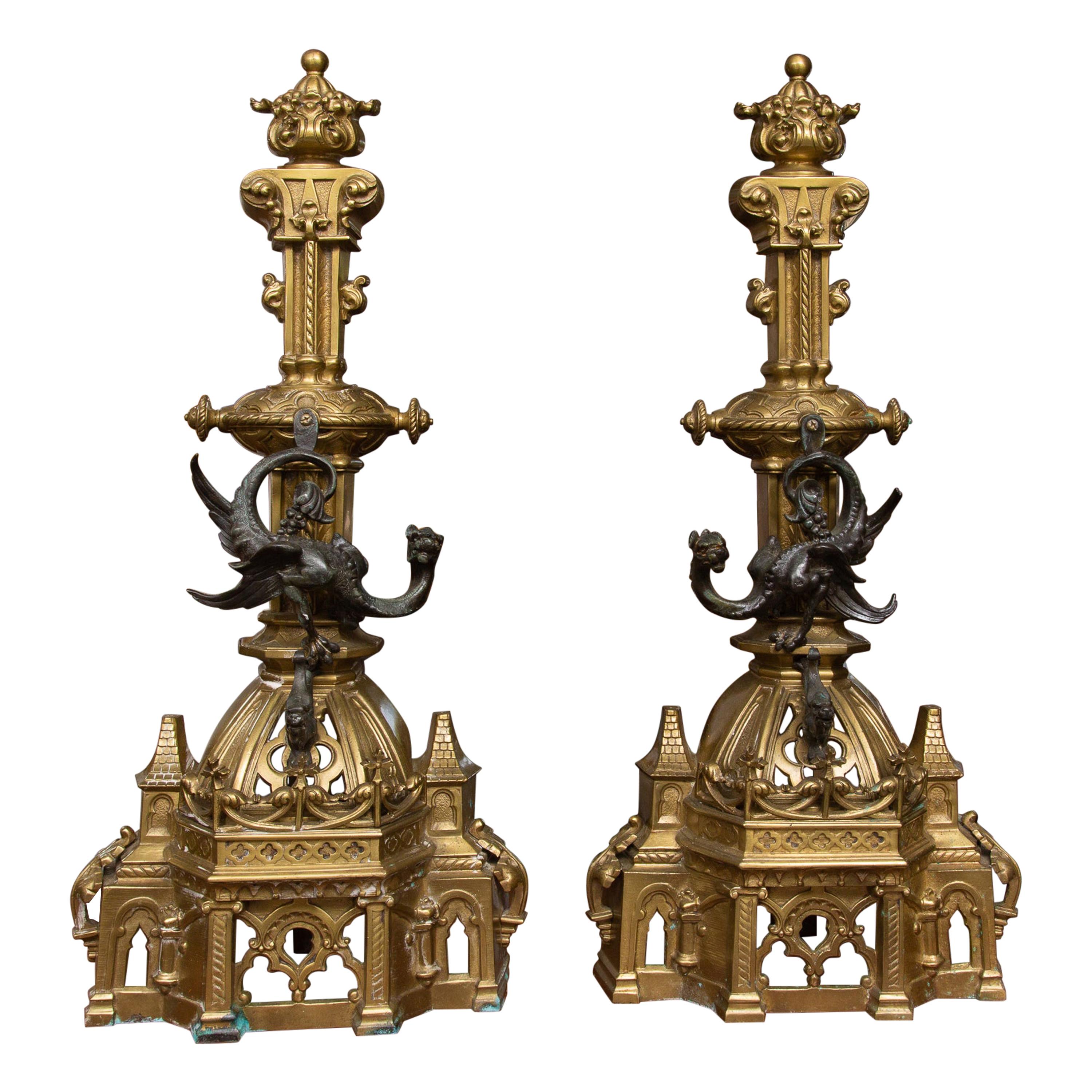 19th Century Pair of English Gilt and Patinated Bronze Andirons For Sale