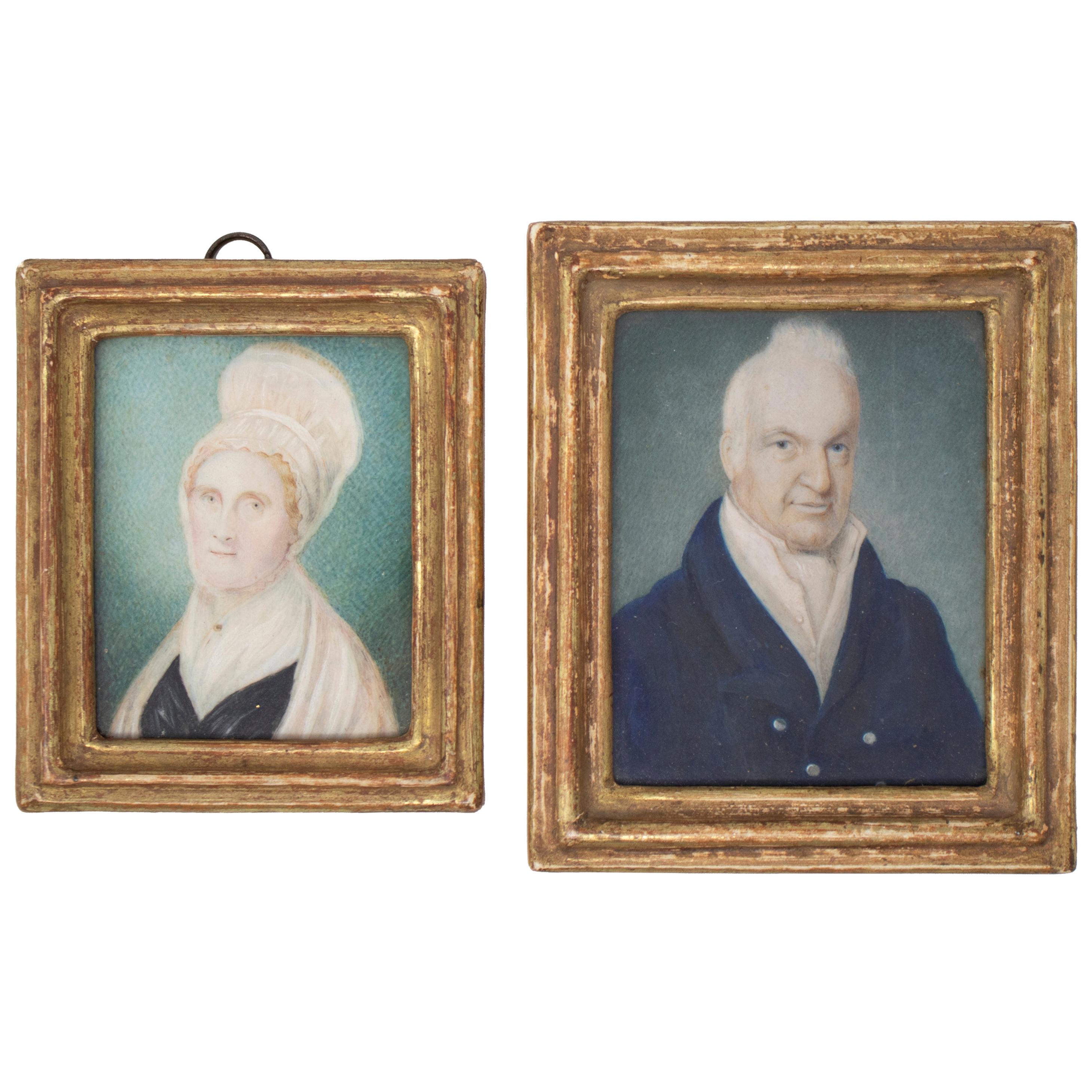 Coppia di ritratti in miniatura di marito e moglie inglesi del XIX secolo