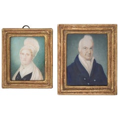 Coppia di ritratti in miniatura di marito e moglie inglesi del XIX secolo