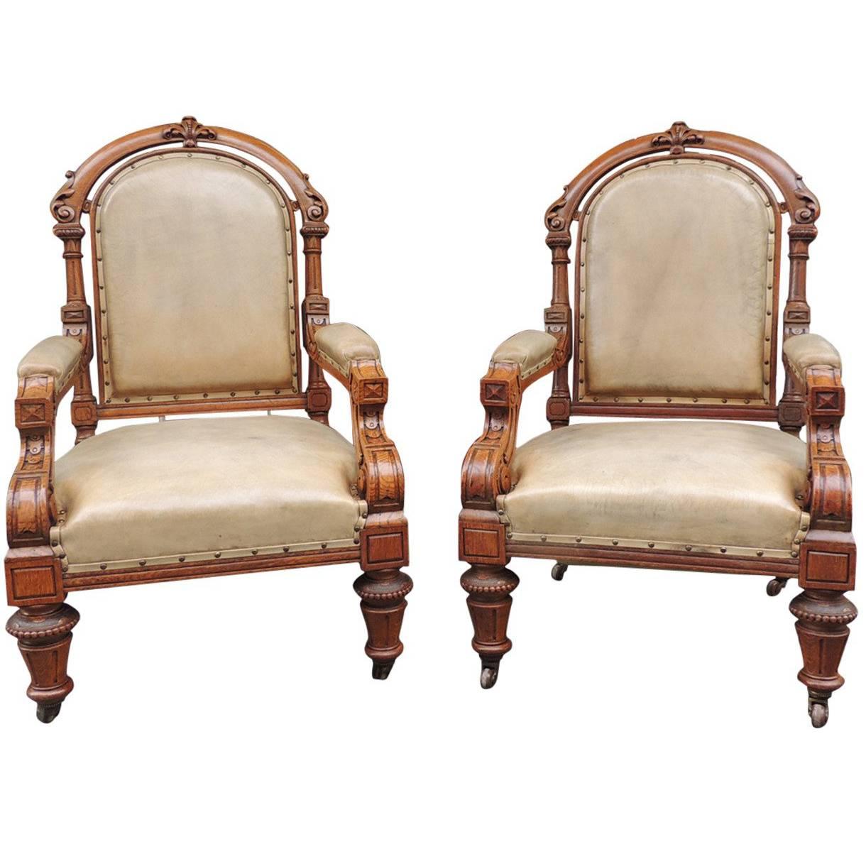 19th Century Pair of English Leather Library Chairs