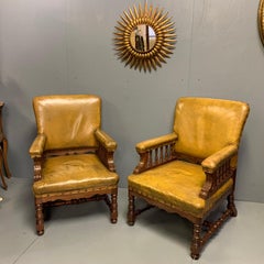 19th Century Pair of English Oak and Original Leather Armchairs