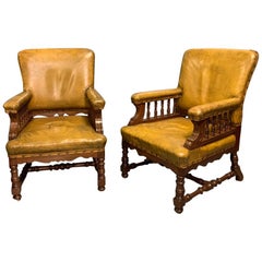 19th Century Pair of English Oak and Original Leather Armchairs