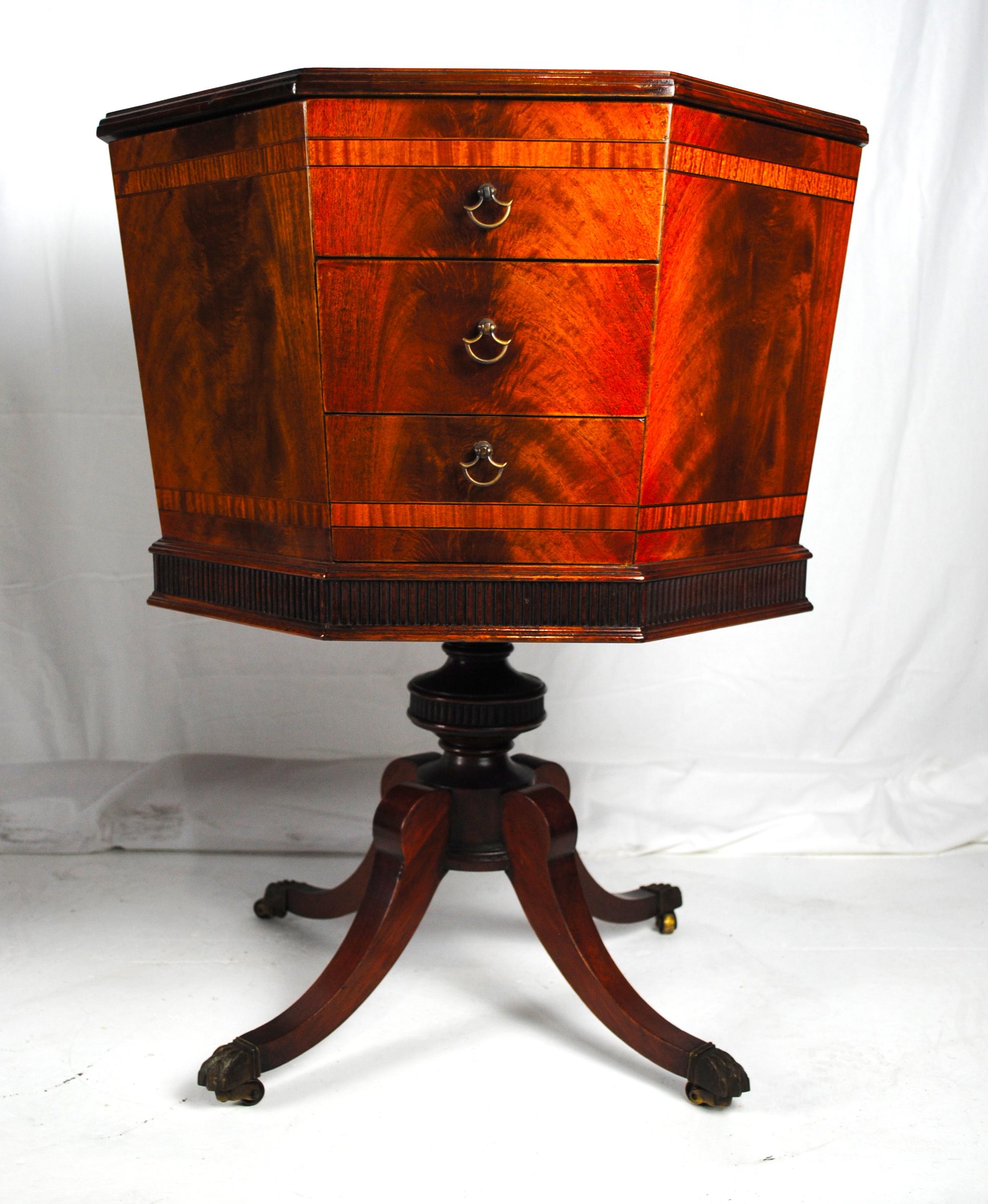 This unique pair of mahogany English regency style sewing/side tables, Cerca, 1820. 

It is a very rear find two identical and finely made sowing boxes together with such an adorable story attached to them. On opening the top lid one finds the