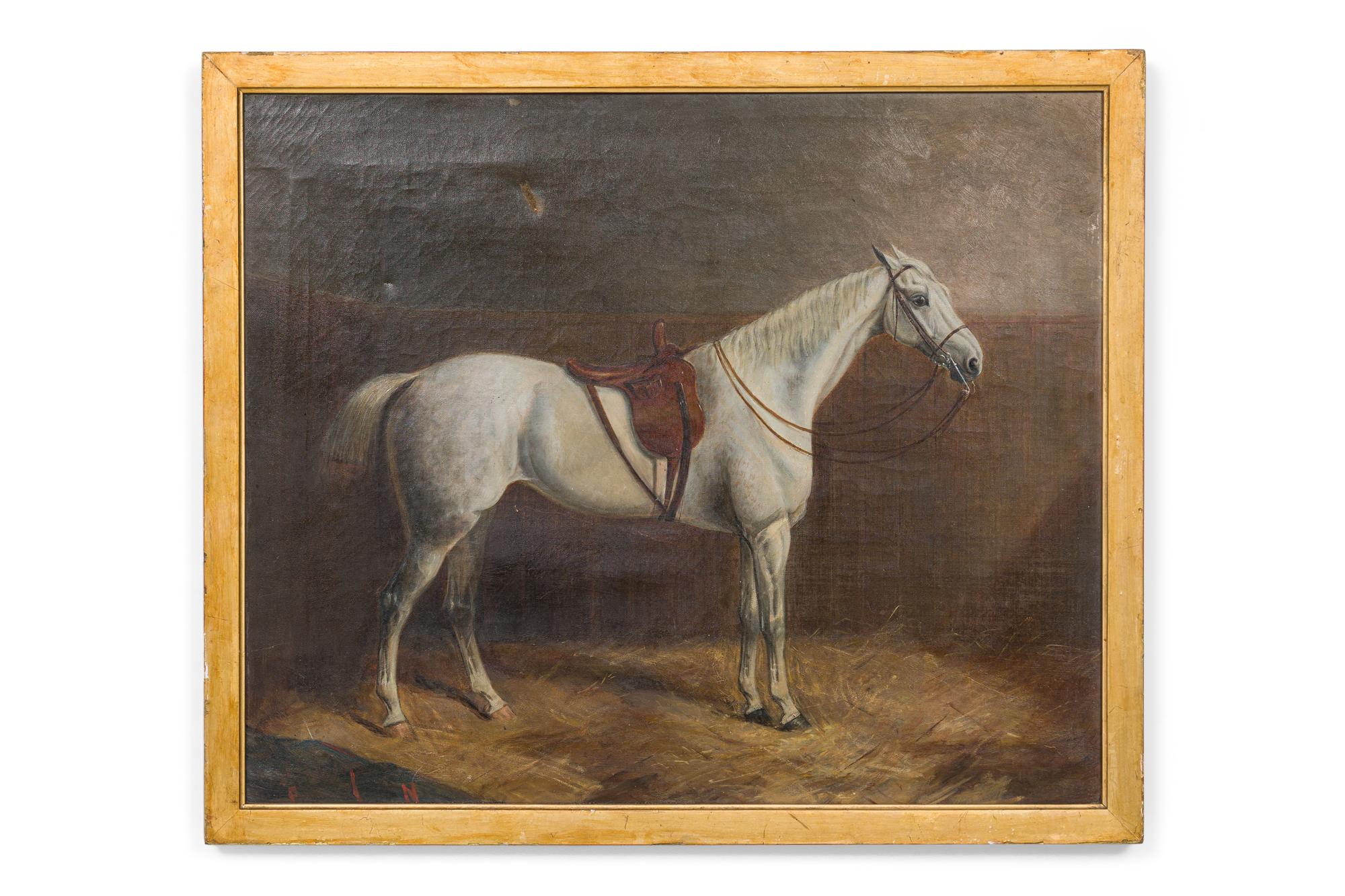 Pair of English Victorian gilt framed oil paintings of white horse with saddle by wall (signed J. PAUL 1873).
 