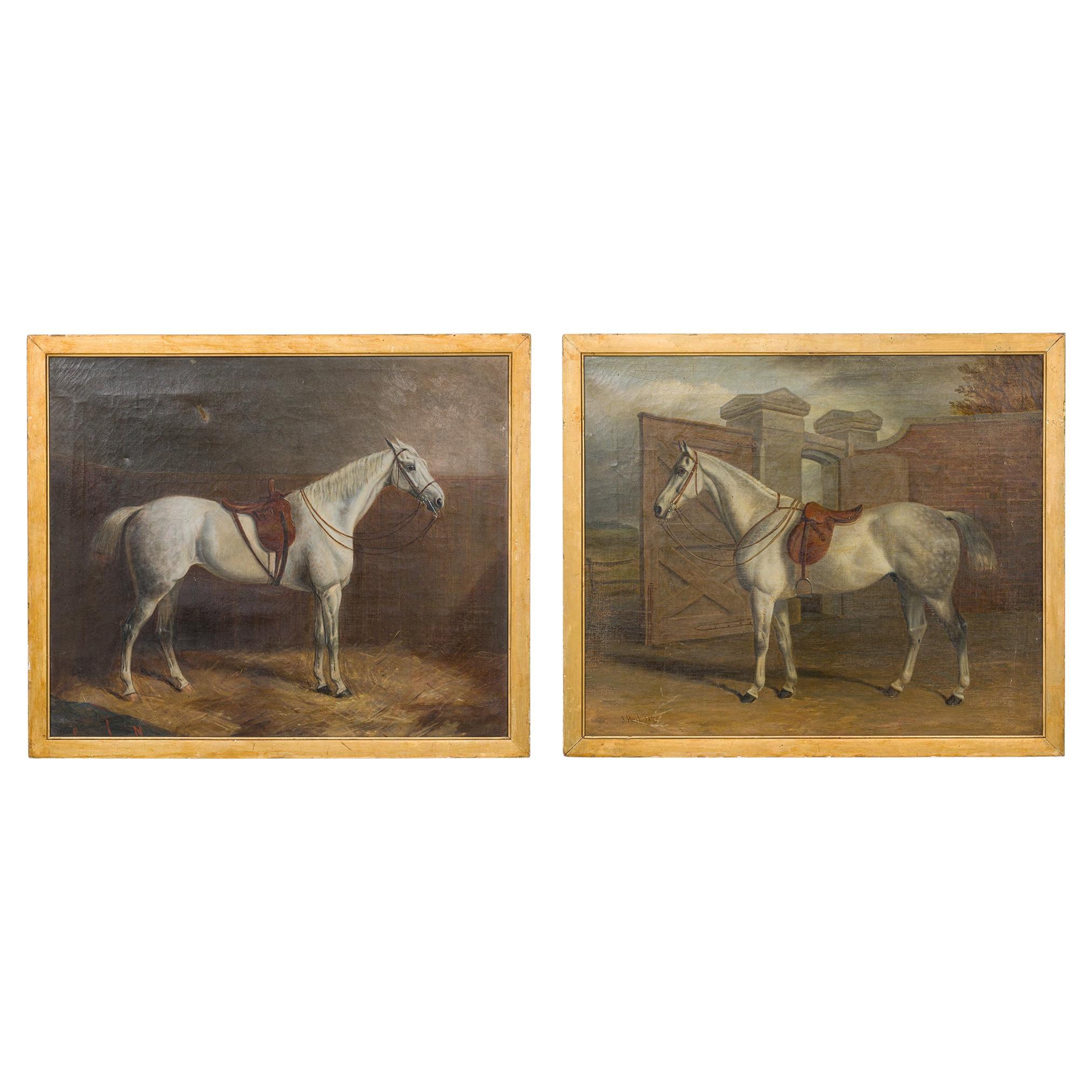 Siglo XIX Pareja de óleos victorianos ingleses sobre caballos Firmados