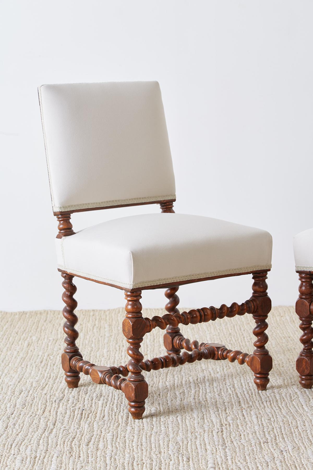 Jacobean 19th Century Pair of English Walnut Barley Twist Chairs