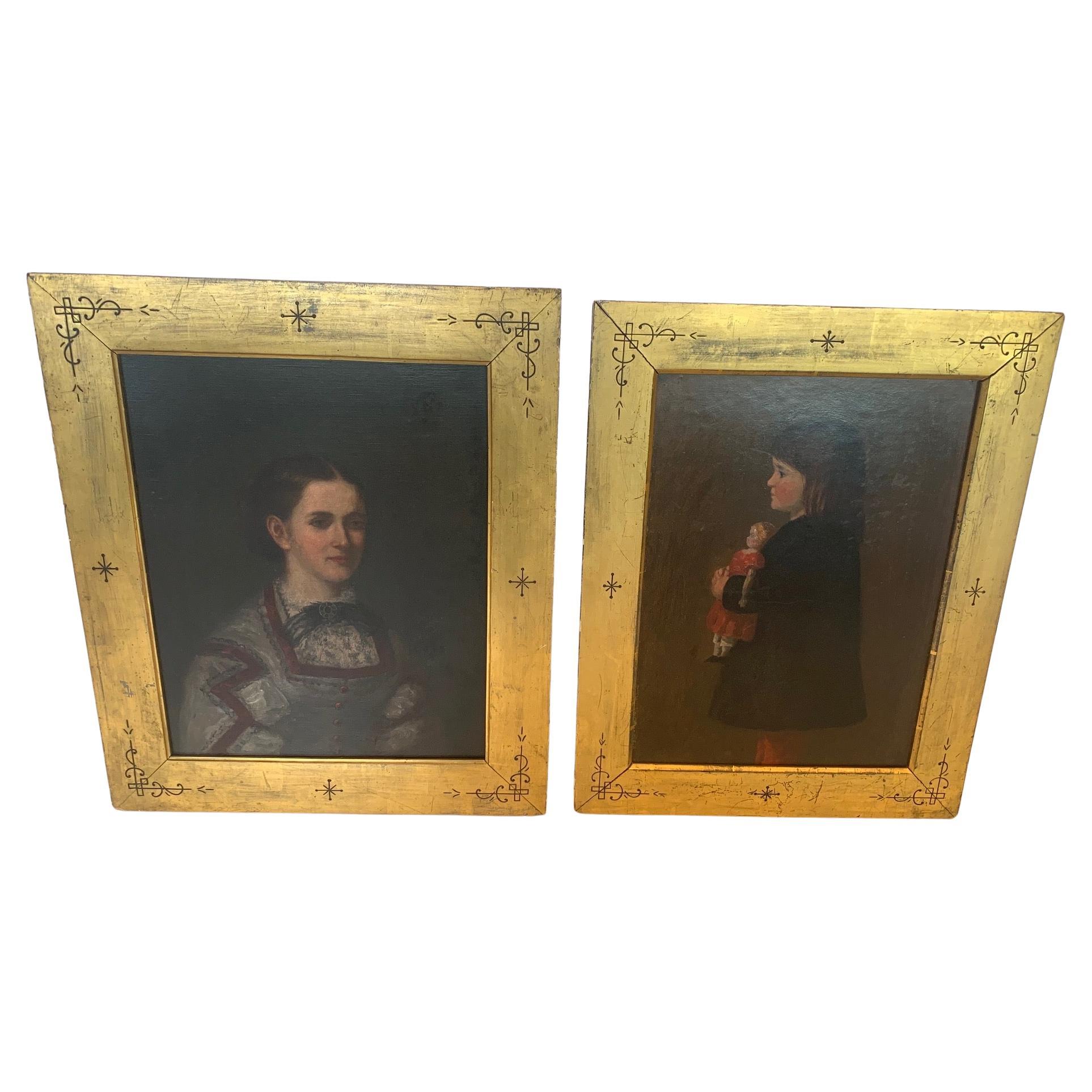 19th century Pair of Exquisite Moody Portraits in Giltwood Frames