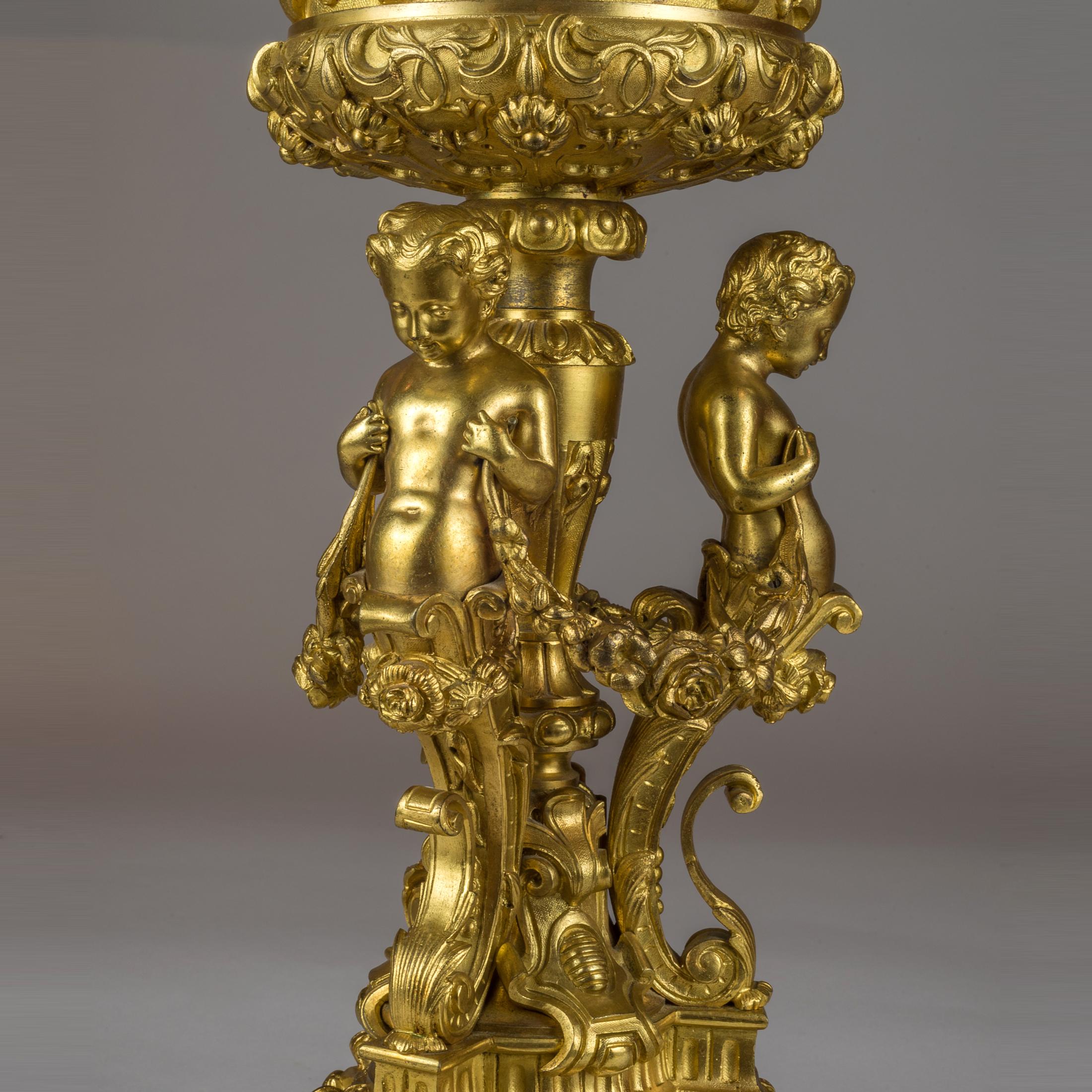 French Pair of Figural Gilt Bronze Tazzas Supported by Three Cherubs For Sale