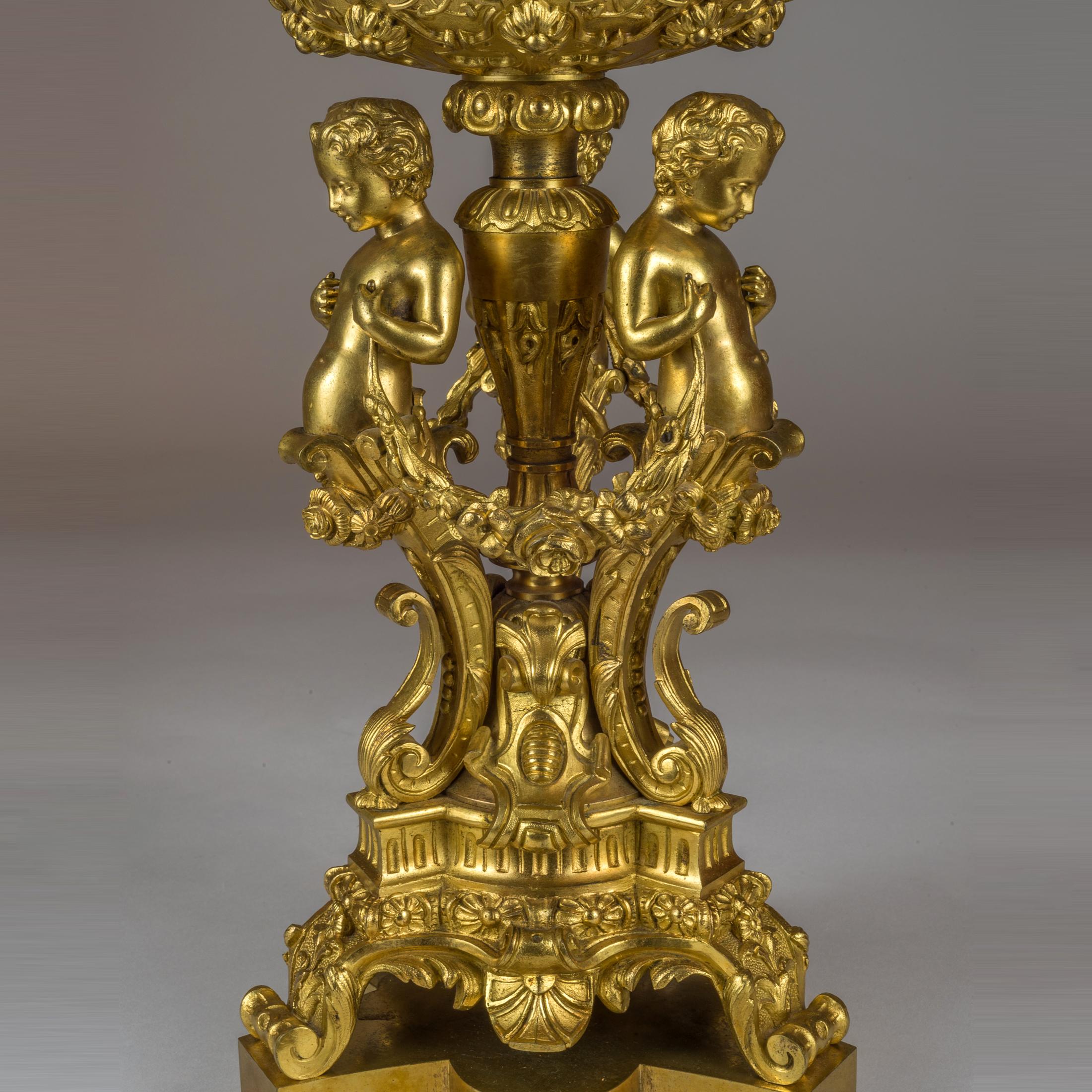 Patinated Pair of Figural Gilt Bronze Tazzas Supported by Three Cherubs For Sale
