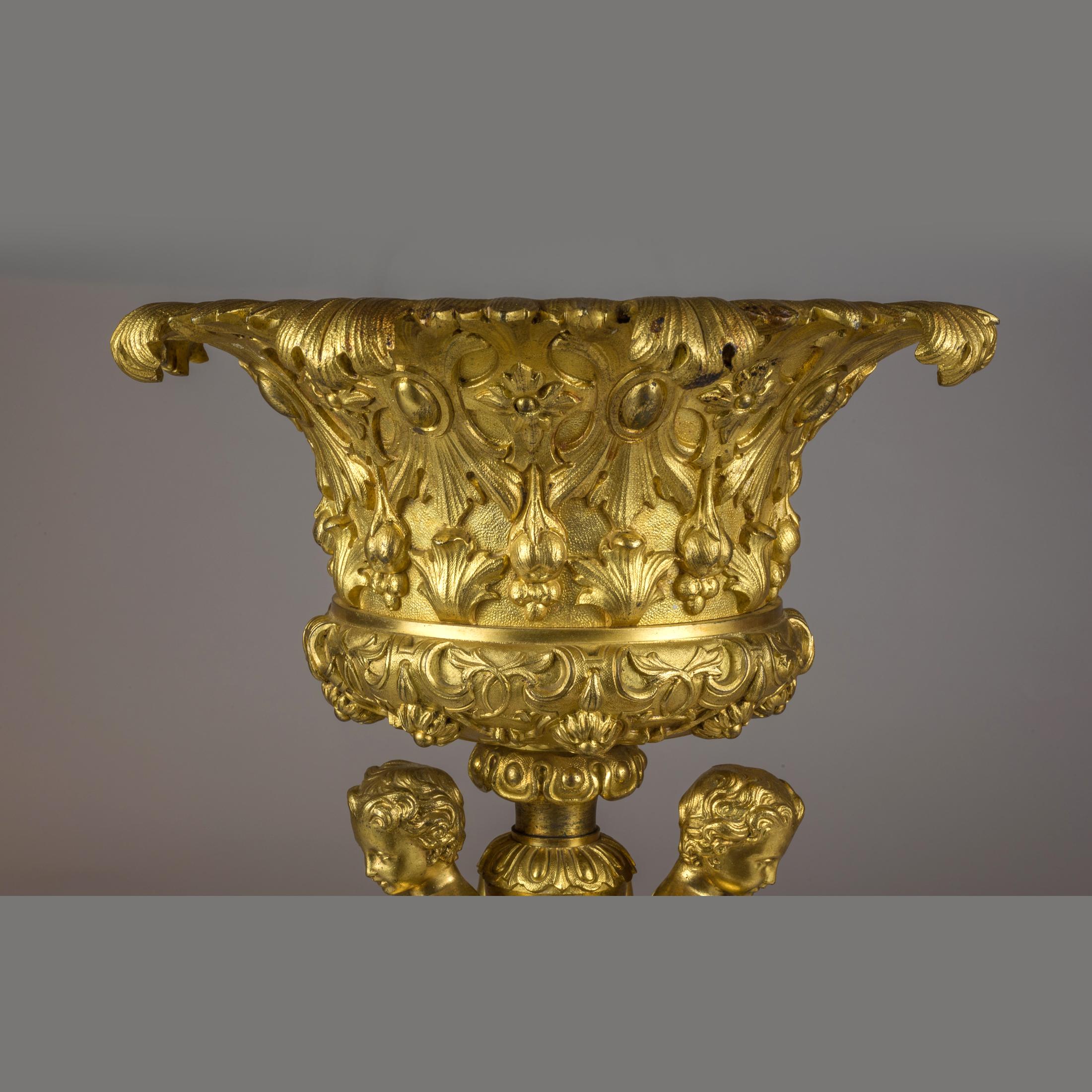 Pair of Figural Gilt Bronze Tazzas Supported by Three Cherubs In Good Condition For Sale In New York, NY