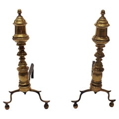 Antique 19th Century Pair of Fine Double Mold & Cast American Brass Andirons