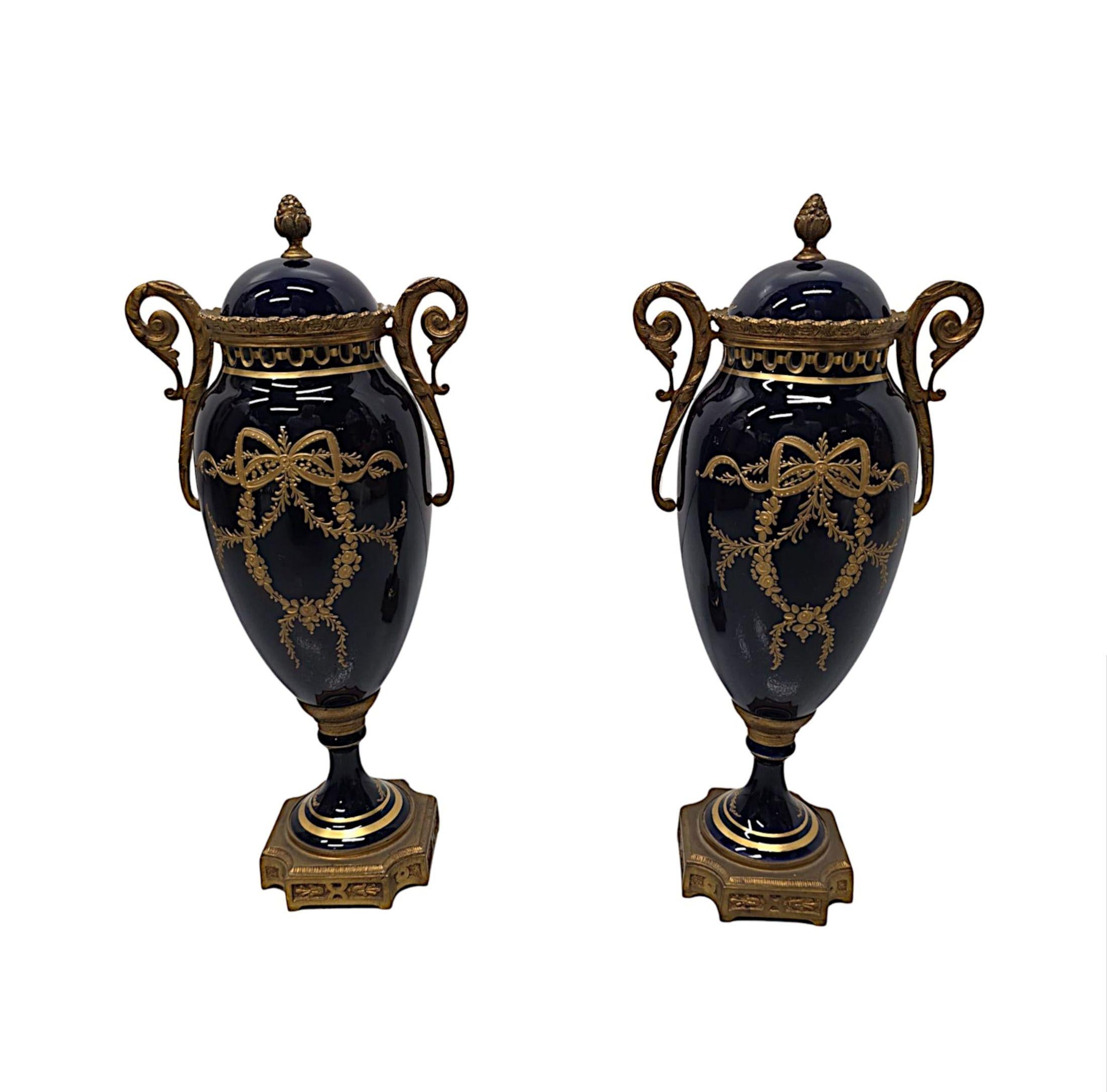 19th Century  Pair of Fine Hand Painted Sevres Style Lidded Urns In Good Condition For Sale In Dublin, IE