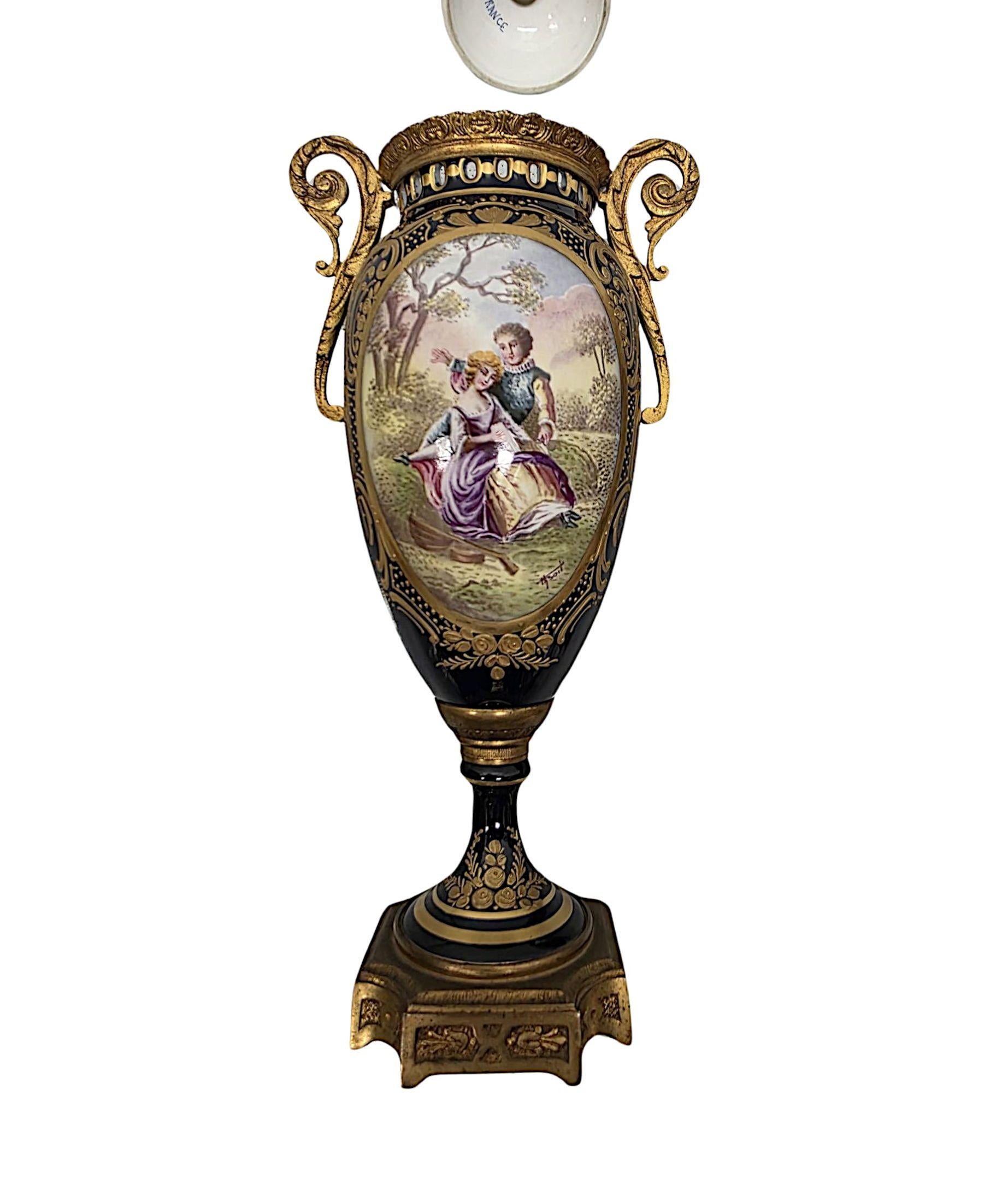 19th Century  Pair of Fine Hand Painted Sevres Style Lidded Urns For Sale 2