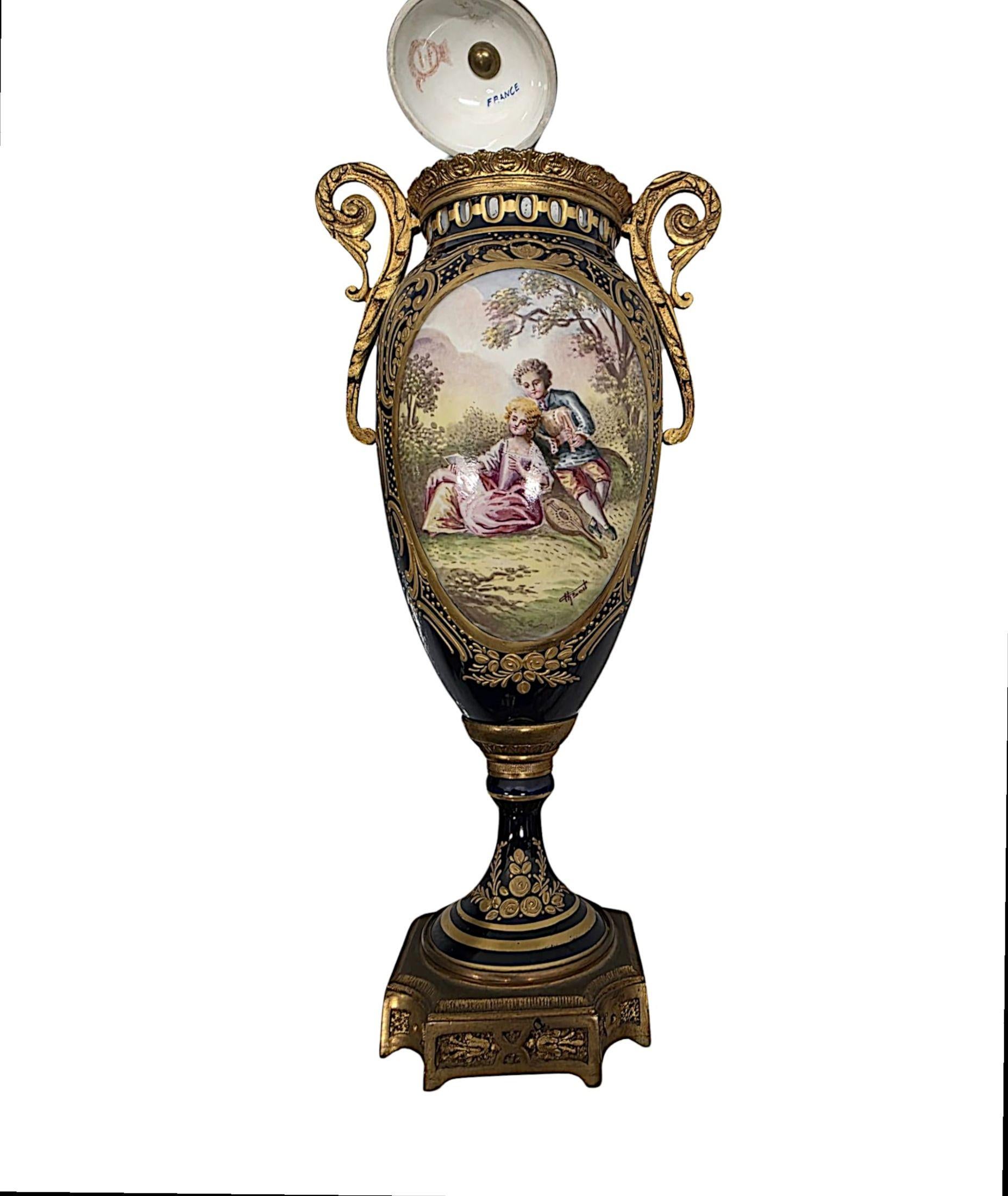 19th Century  Pair of Fine Hand Painted Sevres Style Lidded Urns For Sale 3