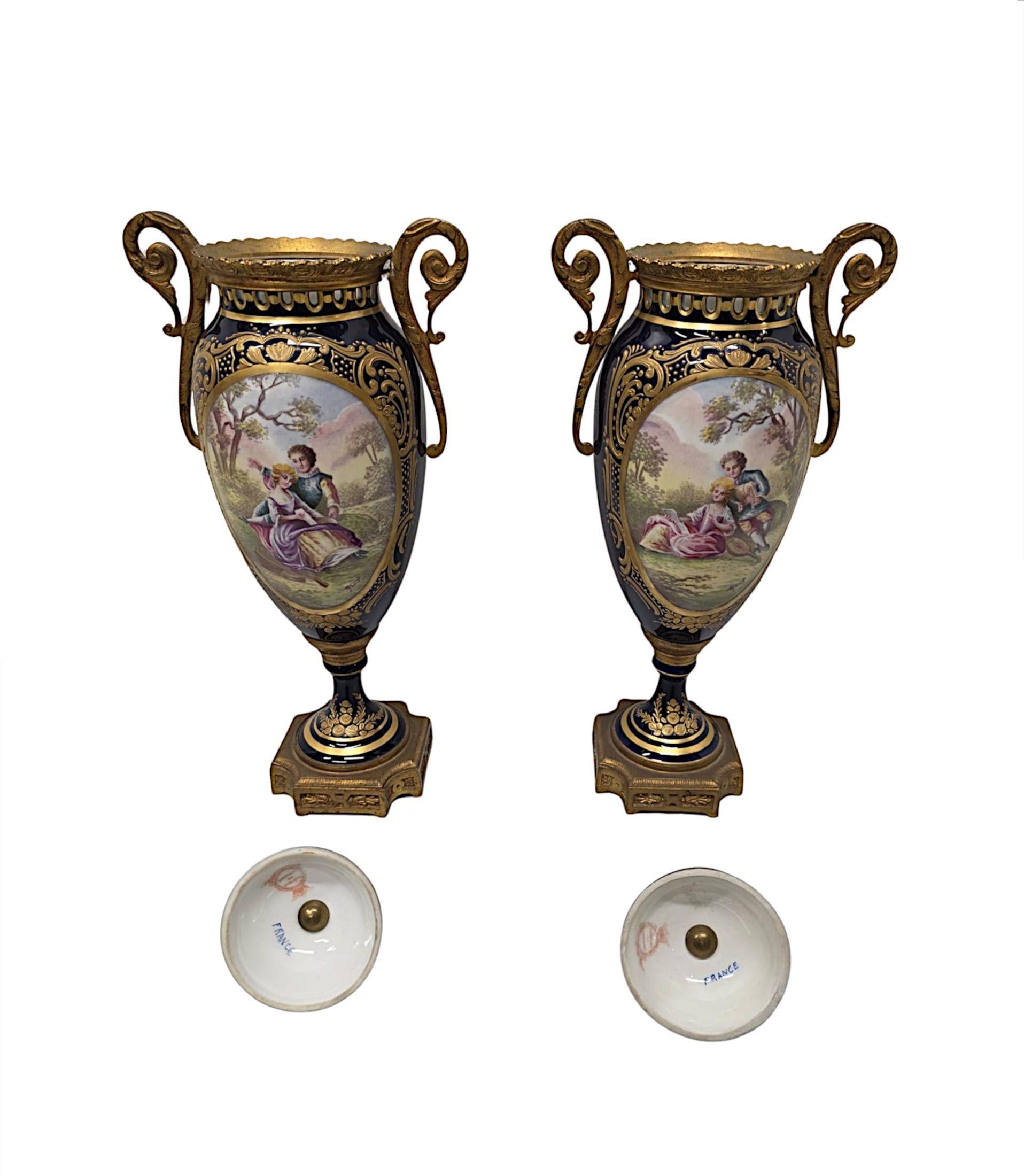 19th Century  Pair of Fine Hand Painted Sevres Style Lidded Urns For Sale 4