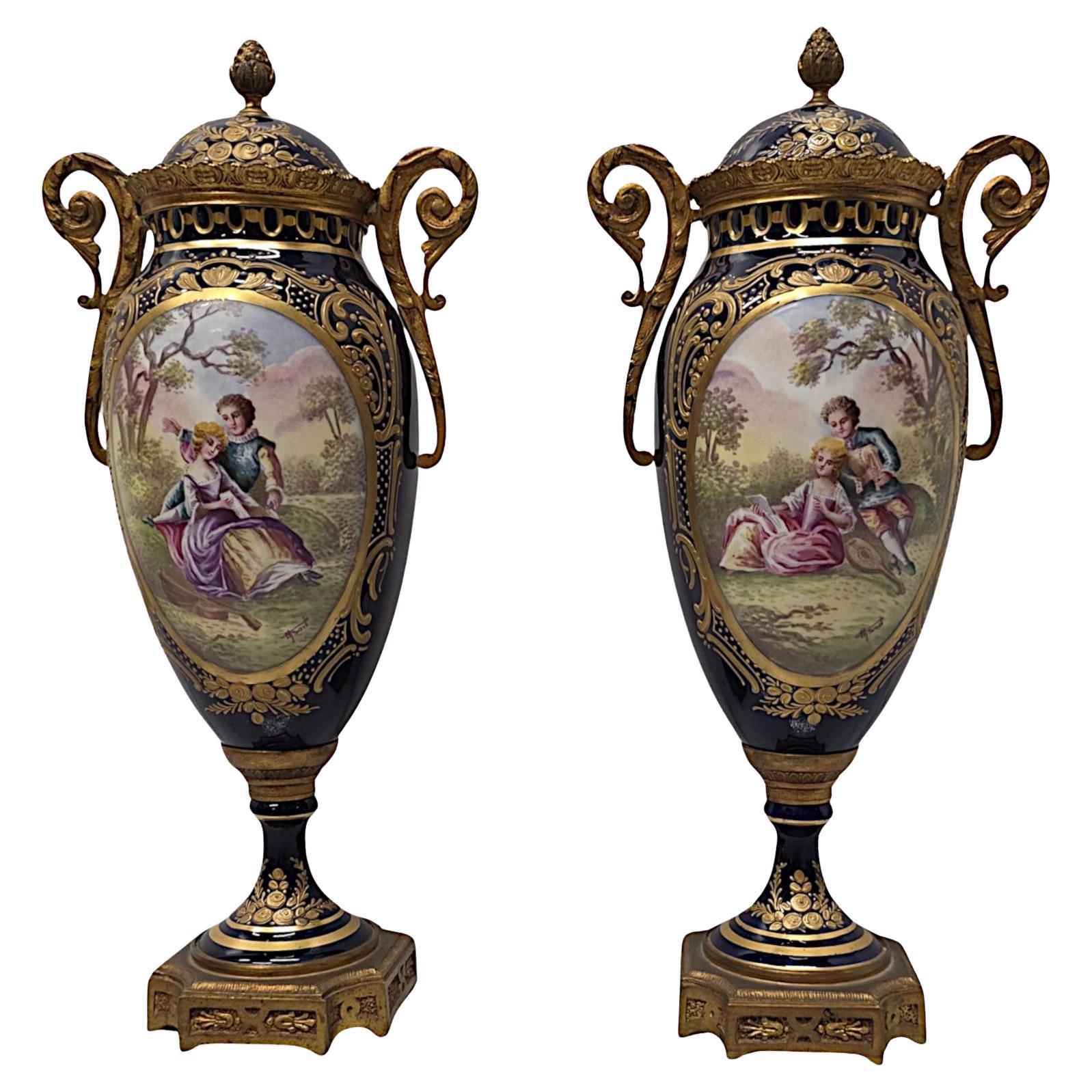 19th Century  Pair of Fine Hand Painted Sevres Style Lidded Urns For Sale