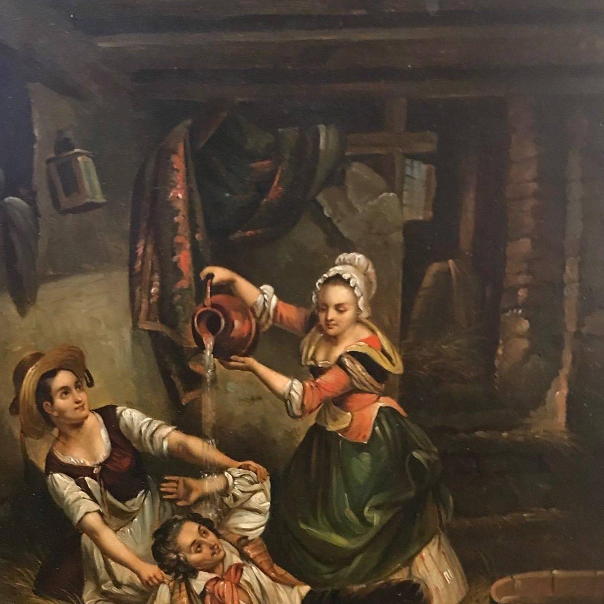 European 19th Century Pair of Flemish Interior Scene Paintings