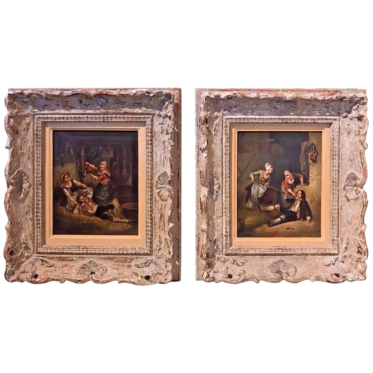 19th Century Pair of Flemish Interior Scene Paintings