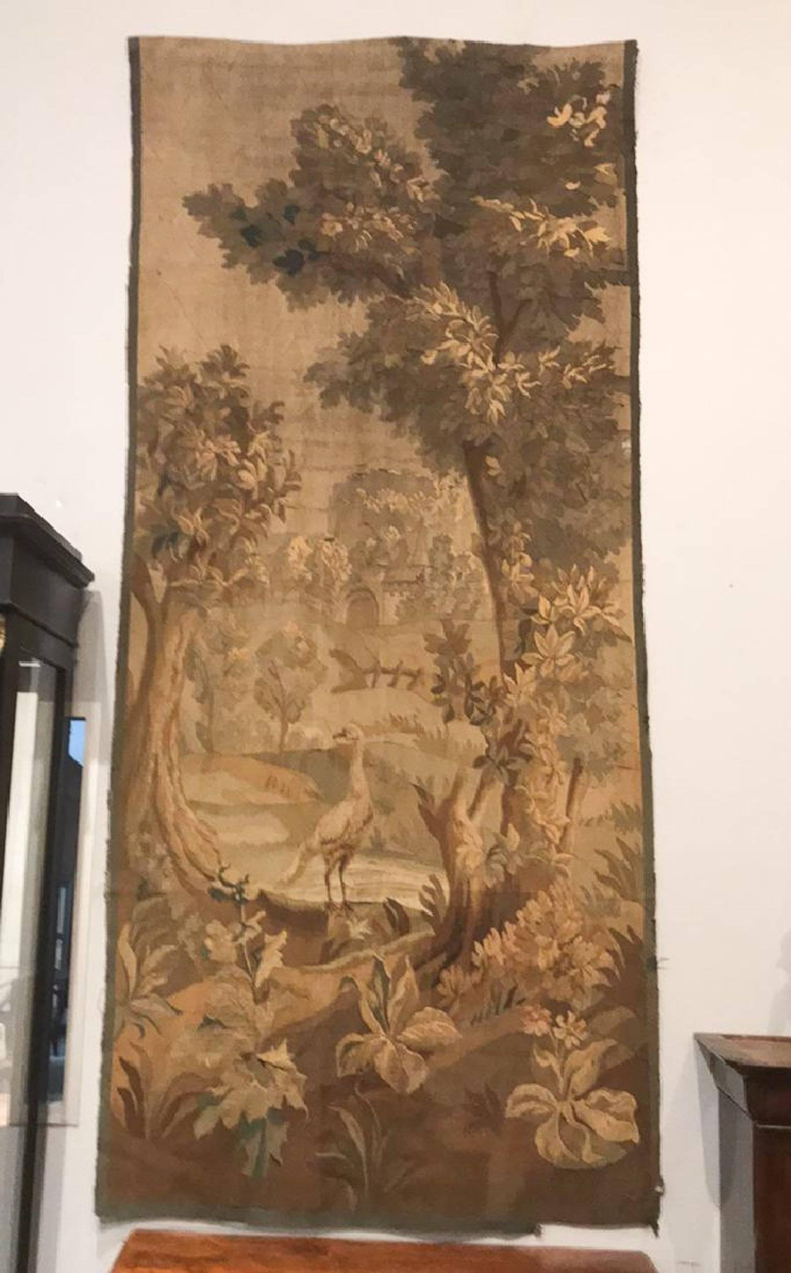 Magnificent pair of 19th century Flemish hand-sewn vertical tapestries depicting scenes of flowering landscapes with large trees, rivers, exotic birds and castles. Excellent detail.

Vibrant yet subtle colors.

Very large in size, in good