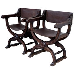 Antique 19th Century Pair of Folding Carved Walnut Leather Savonarola Bench or Settee