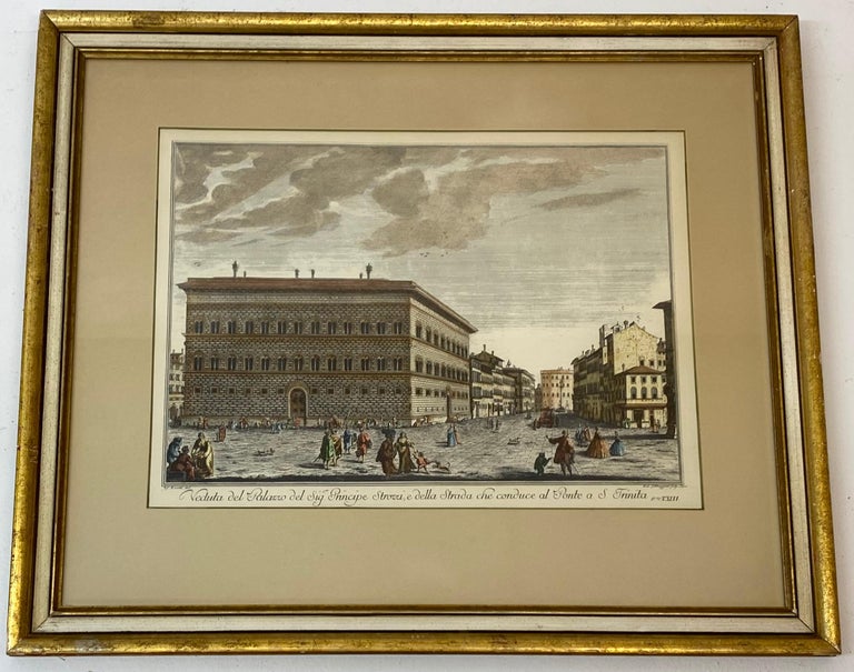 19th century pair of framed Italian hand colored engravings

One engraving depicts a scene from Florence, Italy

The other depicts a scene from Roma, Italy

A fine pair of framed prints with labels from Gumps on the back

Each engraving