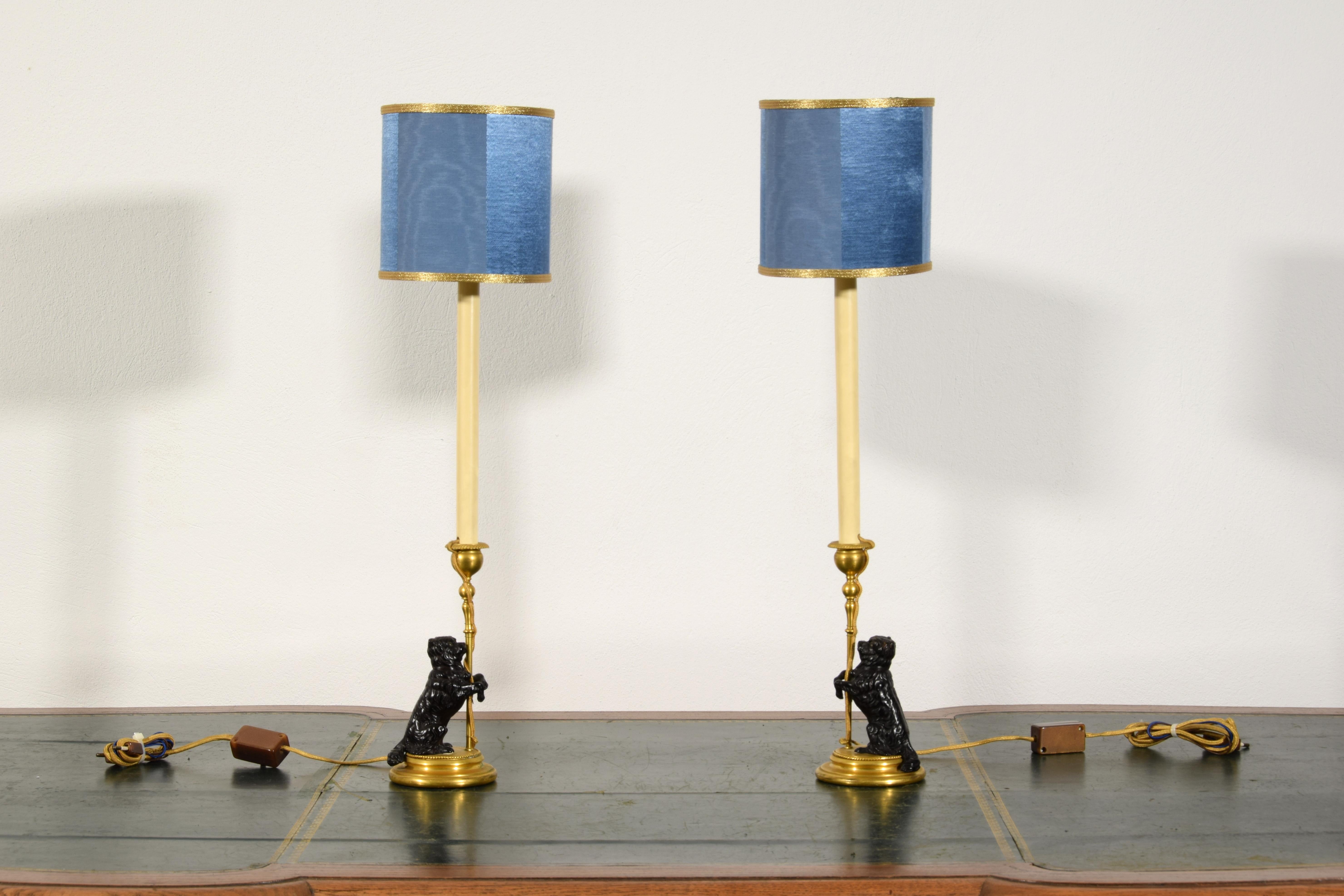 19th Century, Pair of Frech Gilt and Burnished Bronze Candlesticks with dogs 7