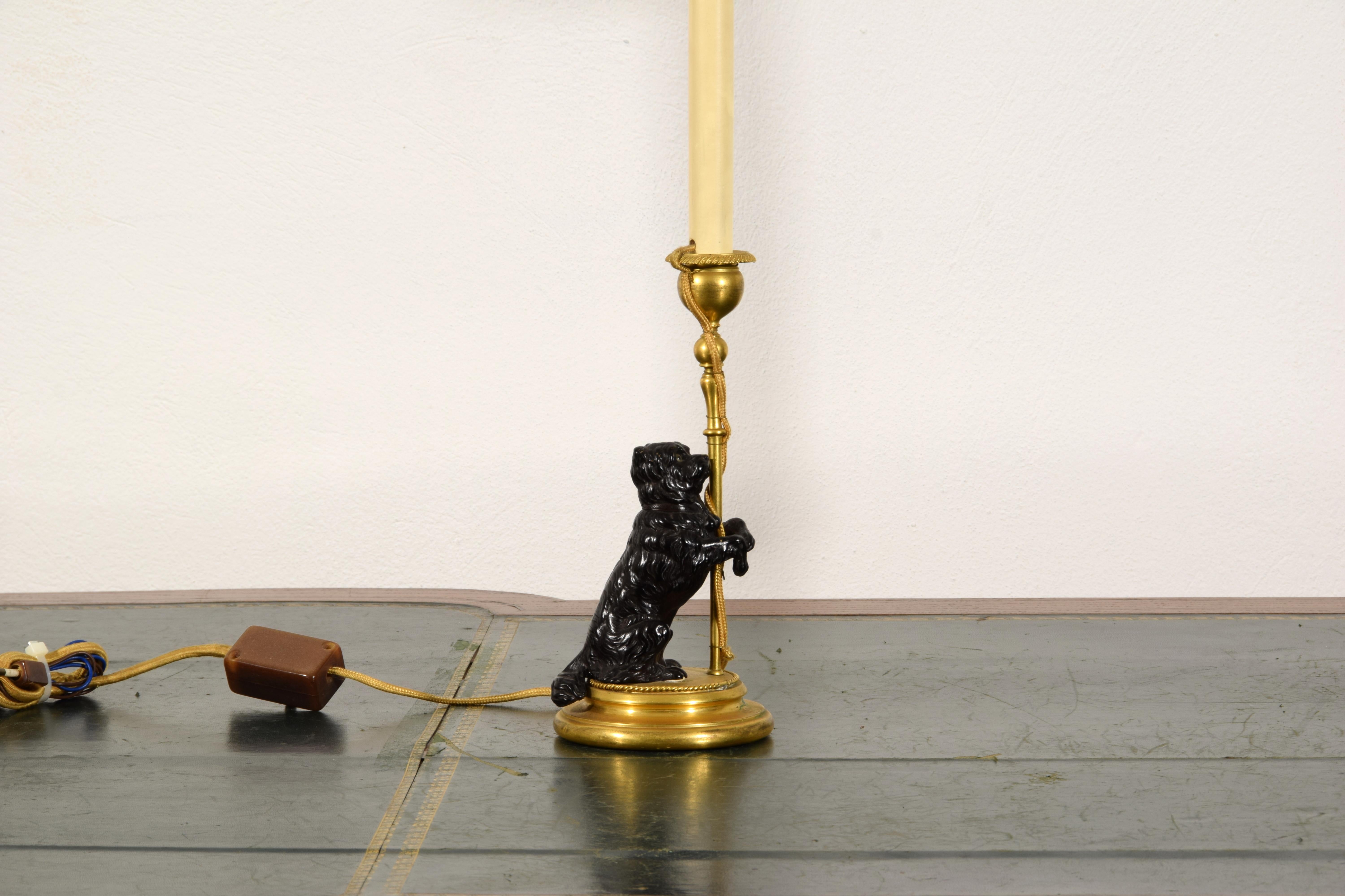 19th Century, Pair of Frech Gilt and Burnished Bronze Candlesticks with dogs 8