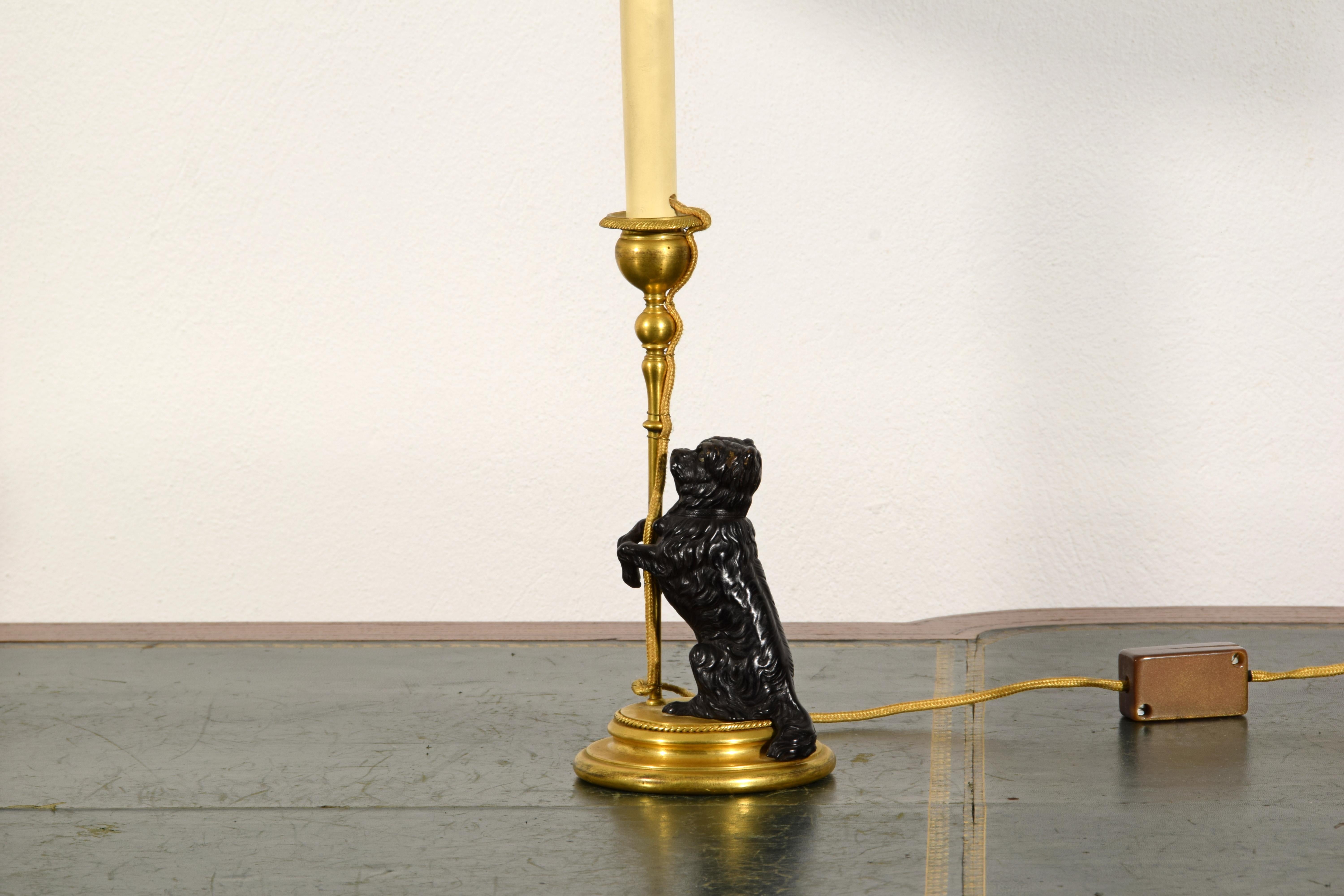 19th Century, Pair of Frech Gilt and Burnished Bronze Candlesticks with dogs 9