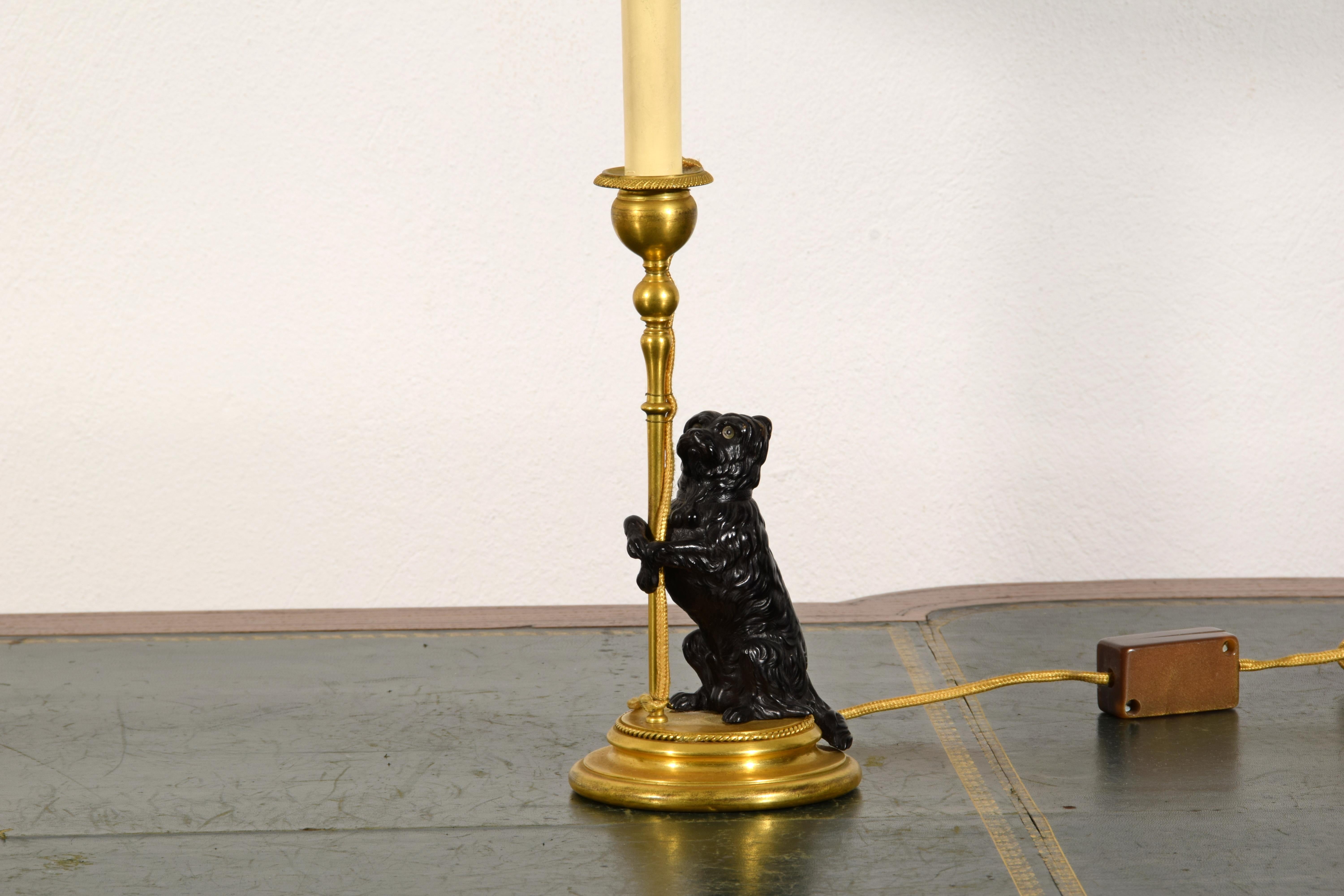 19th Century, Pair of Frech Gilt and Burnished Bronze Candlesticks with dogs 11